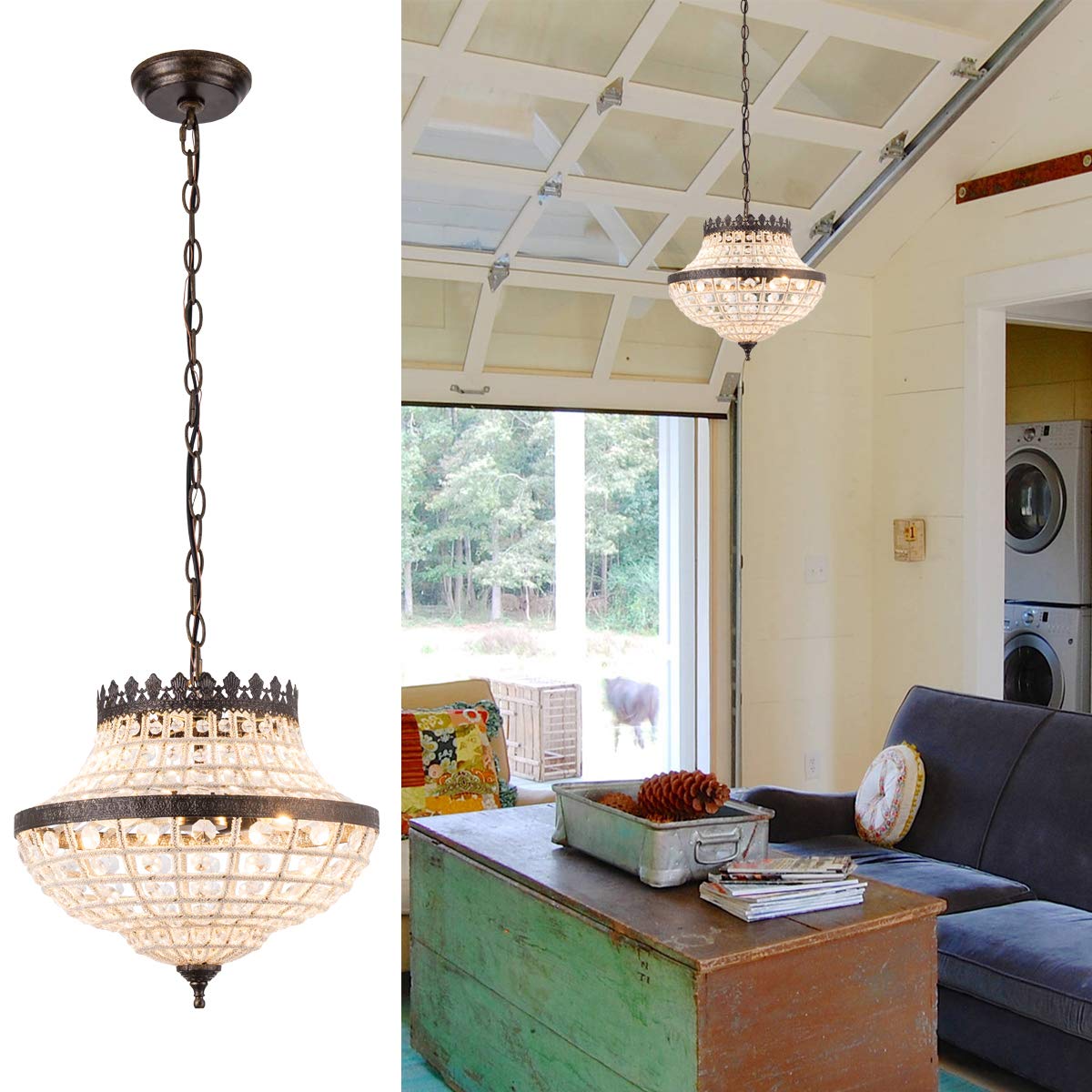 Vintage K9 Crystal Chandelier Pendant Light Fixture - Elegant Ceiling Lighting for Kitchen Island, Living Room, Dining Room, Entryway & Staircase | Durable K9 Glass Prisms, Classic Cone Design for Home & Restaurant Decor