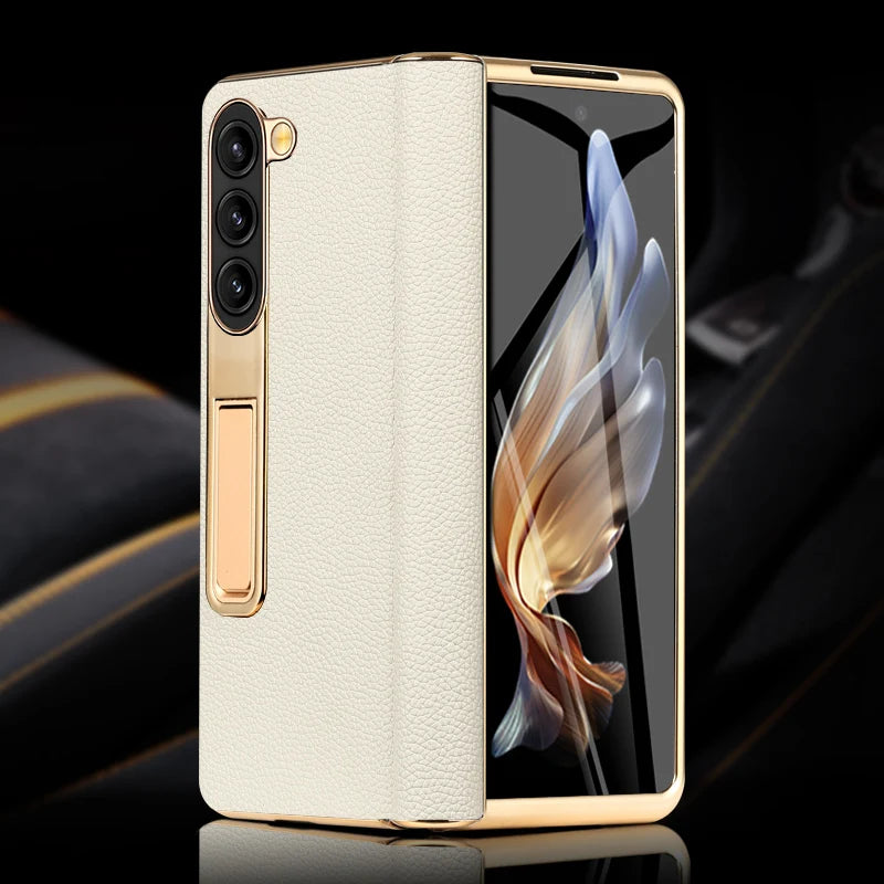 Premium Real Leather Phone Case for Samsung Galaxy Z Fold 6 with Hinge Kickstand - Slim Protective Cover for Work, Travel & Everyday Use