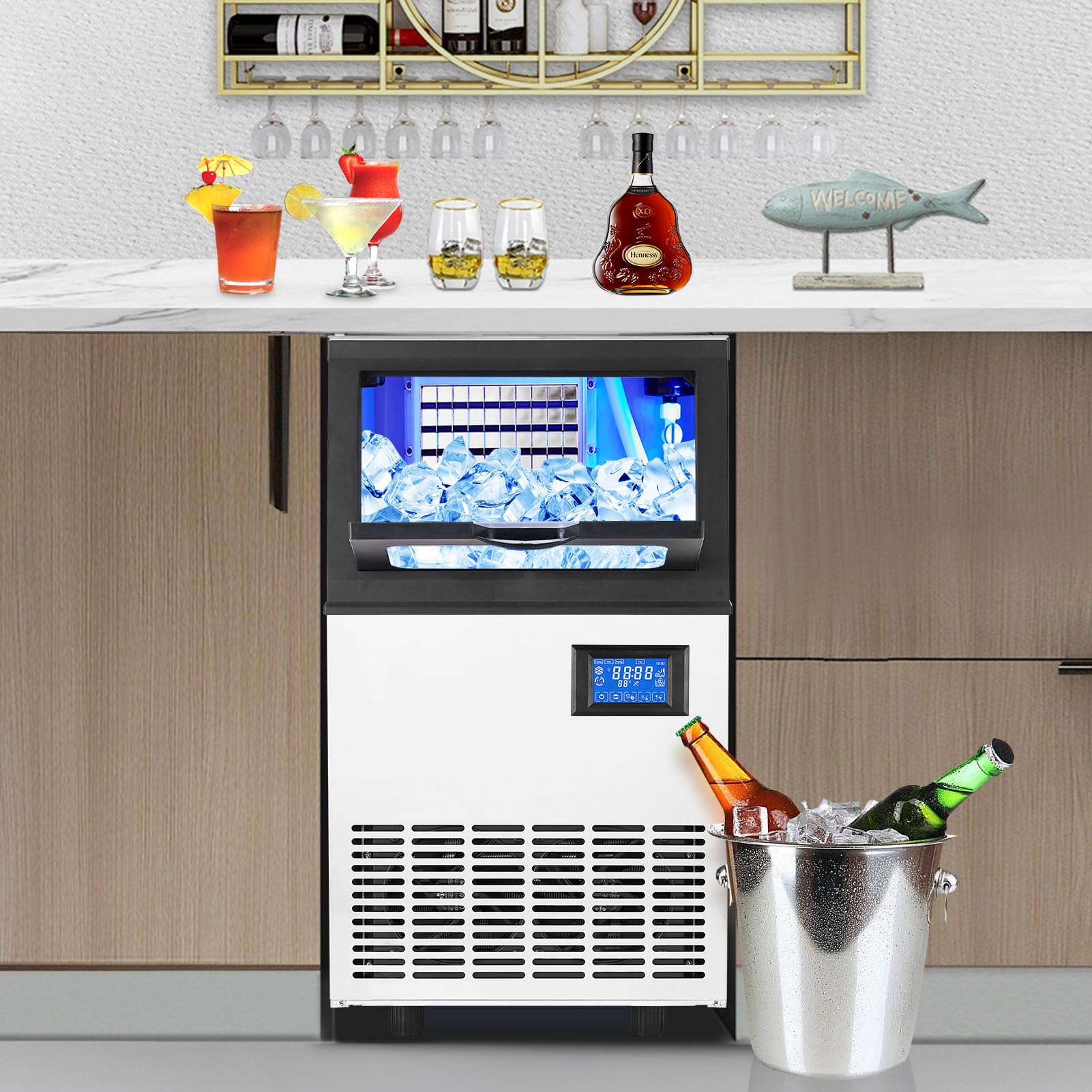 Commercial Ice Maker Machine - 90LBS/24H, 33LBS Storage Bin, Makes 4x10 Cubes in 15 Mins, 210W 120V Stainless Steel, Self-Cleaning - Perfect for Home Bars, Restaurants, and Outdoor Parties