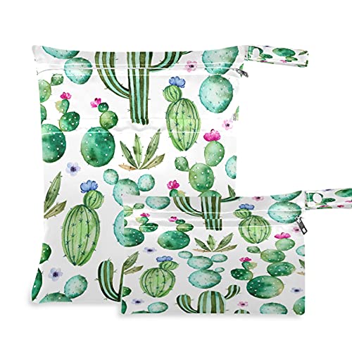 2 Pack Waterproof Wet Dry Bags with Zippered Pockets - Reusable Tropical Cactus Print Cloth Diaper Bag for Beach, Pool, Swimsuits & Wet Clothes | Perfect for Travel, Yoga, Gym & Daycare | Washable & Durable