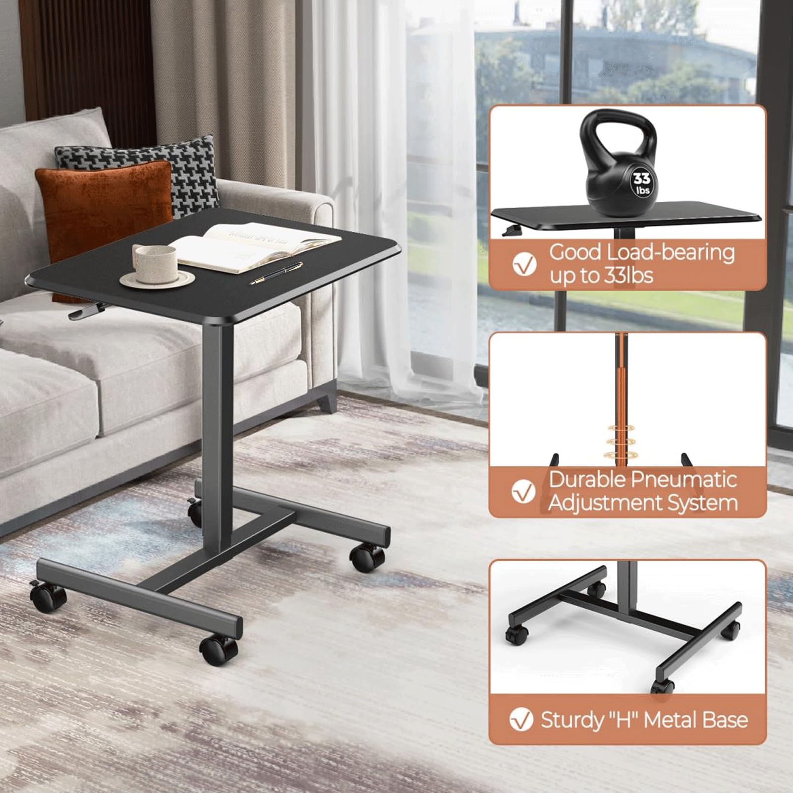 Adjustable Mobile Standing Desk with Wheels - Portable Laptop Computer Cart for Home & Office - Ergonomic Height Adjustable Rolling Workstation (Black) - Perfect for Small Spaces, Remote Work & Classroom Use