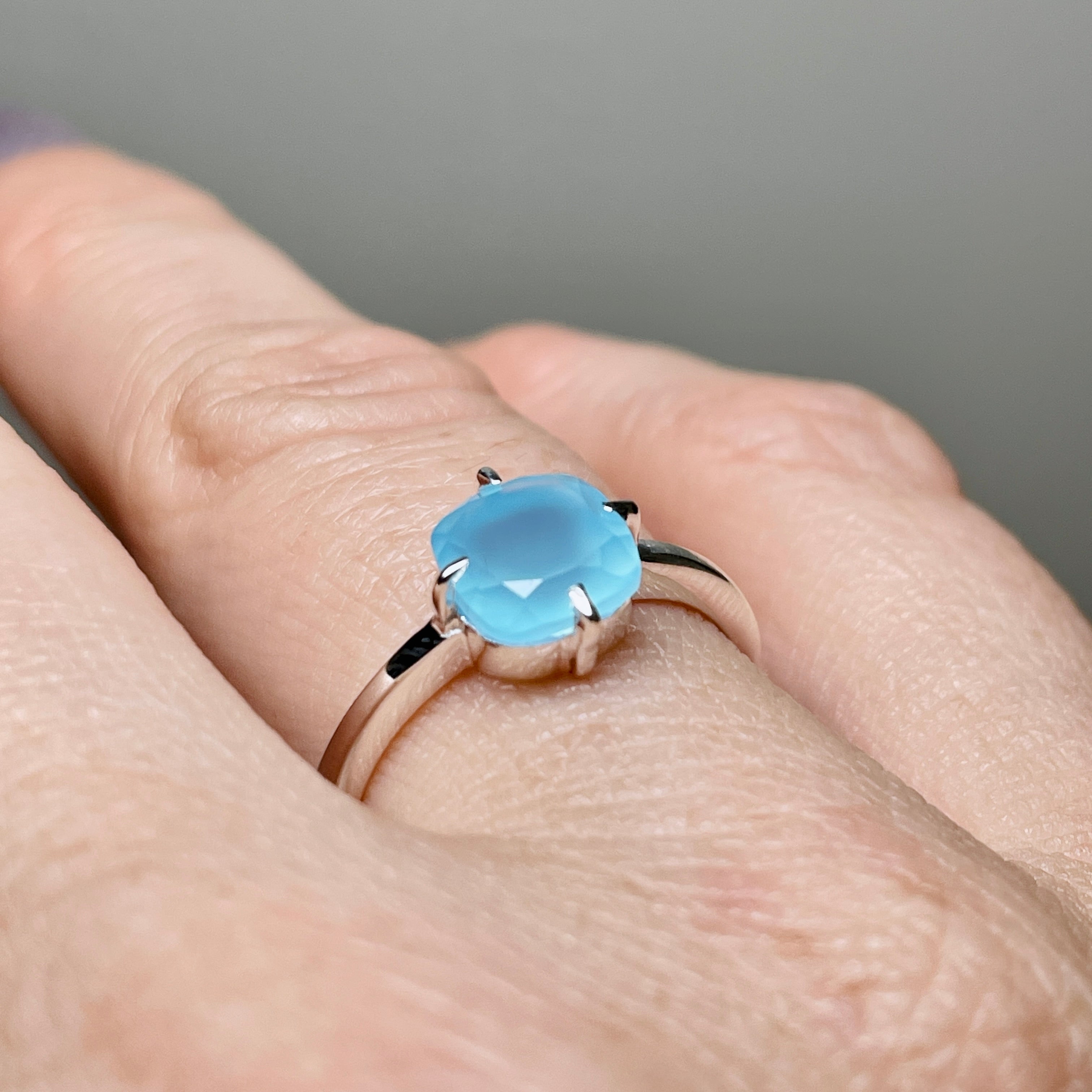 Blue Chalcedony Faceted Square Solitaire Ring R4806 - Elegant Gemstone Jewelry for Women, Perfect for Weddings, Anniversaries & Special Occasions