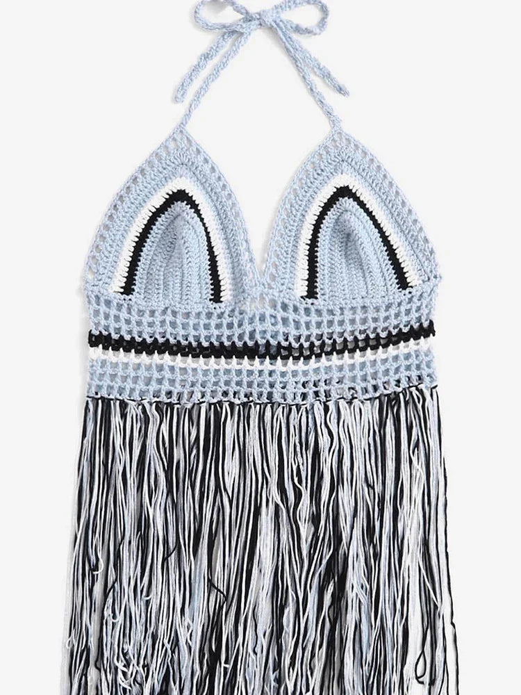 Crochet Hollow Out Tassel Beach Cover Up - Sexy Women's Mini Top Bikini Swimwear Bathing Suit Cover Up for Summer Vacation, Pool Party & Beach Day