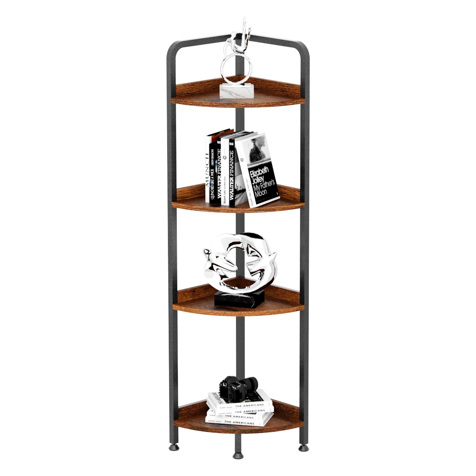 4-Tier Corner Shelf Stand - Rustic Brown Metal Frame Multi-Purpose Display & Storage Unit for Books, Plants & Decor | Perfect for Living Room, Home Office & Small Spaces