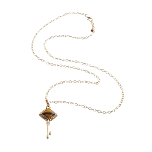 Barse Skeleton Key Necklace with Genuine Tiger Eye Stone - Elegant Gothic Jewelry for Women, Perfect for Halloween, Cosplay & Everyday Wear