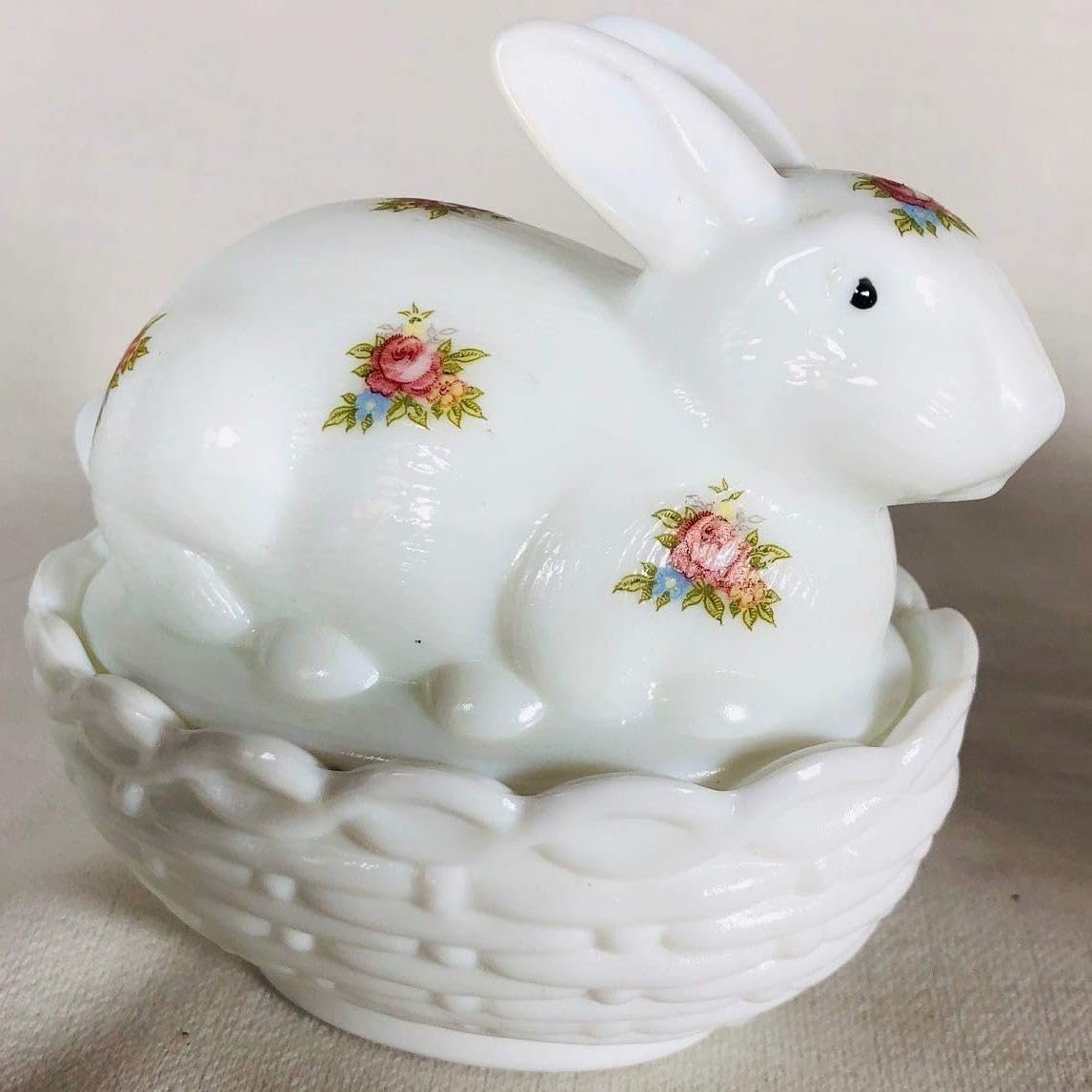 Handpainted Bunny Covered Easter Rabbit Dish - Rosso Exclusives American Made Mosser Glass - Milk with Red Roses Decor - Perfect for Easter Decorations, Spring Table Centerpiece & Gift Giving