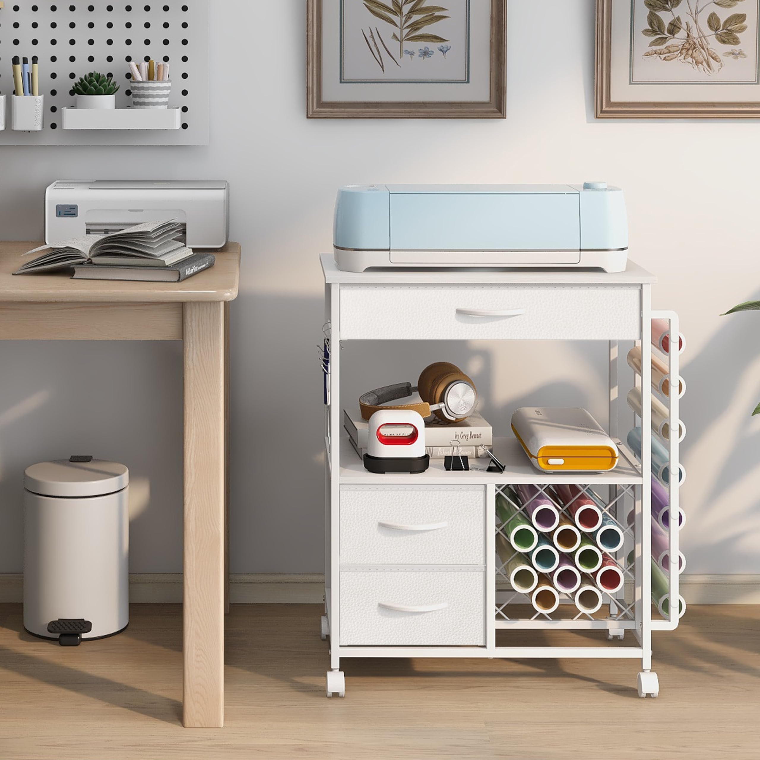 White Rolling Craft Storage Cart with Drawers & Vinyl Roll Holder - Compatible with Cricut Machines, Cutting Machine Stand - Perfect for Craft Room Organization, Scrapbooking & DIY Projects