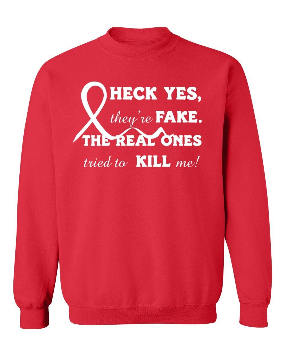 Kropsis 'Heck Yes, They're Fake' Breast Cancer Awareness Crewneck Sweatshirt - Funny Inspirational Women's Apparel for Survivors & Supporters | Comfortable Casual Wear for Fundraisers, Awareness Events & Everyday Support