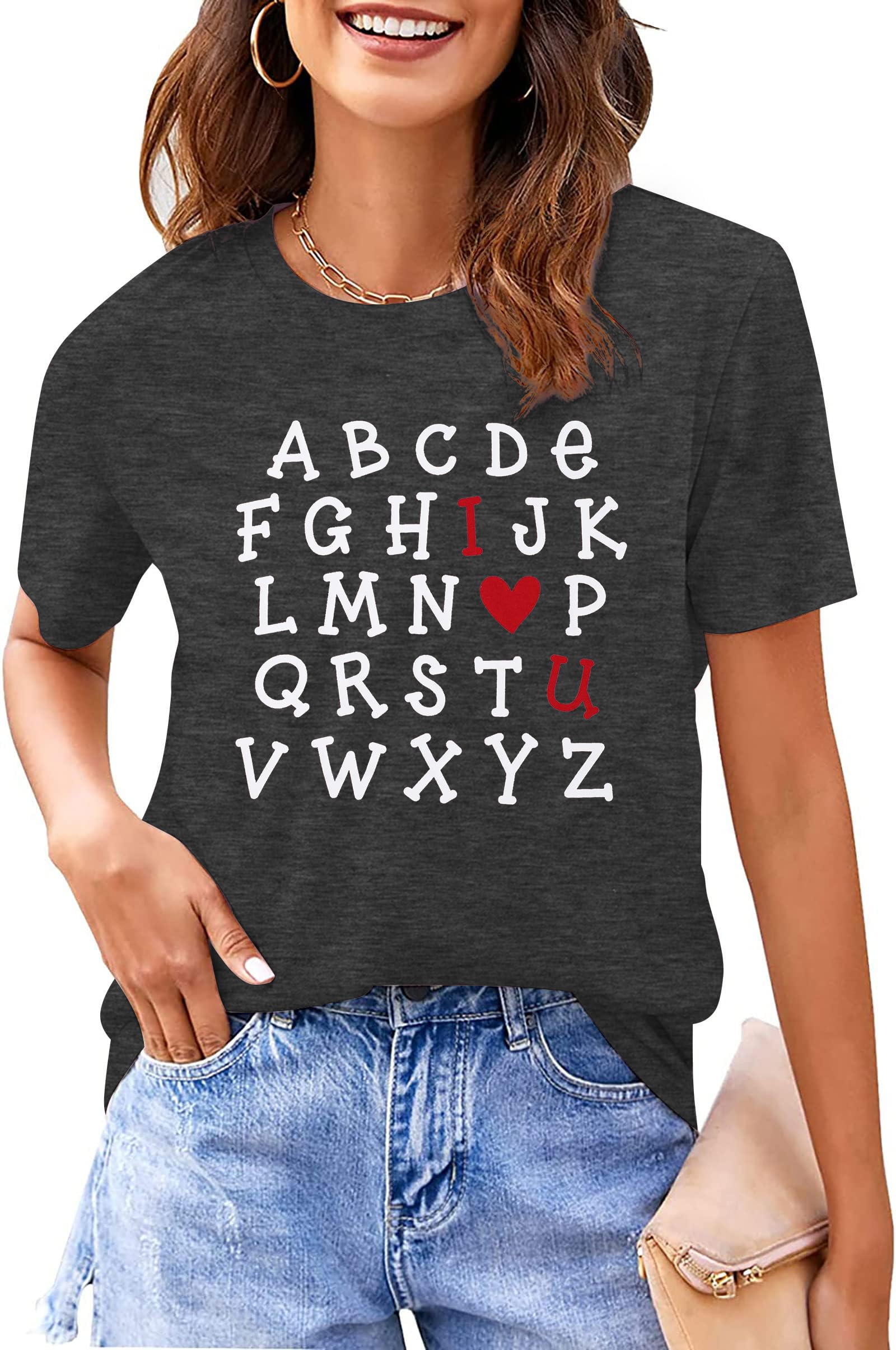 Valentine's Day Shirts for Teachers - Alphabet ABC I Love You Tops, Cute Valentine Gifts for Girlfriend, Short Sleeve Tees - Perfect for Classroom, Date Night & Romantic Occasions