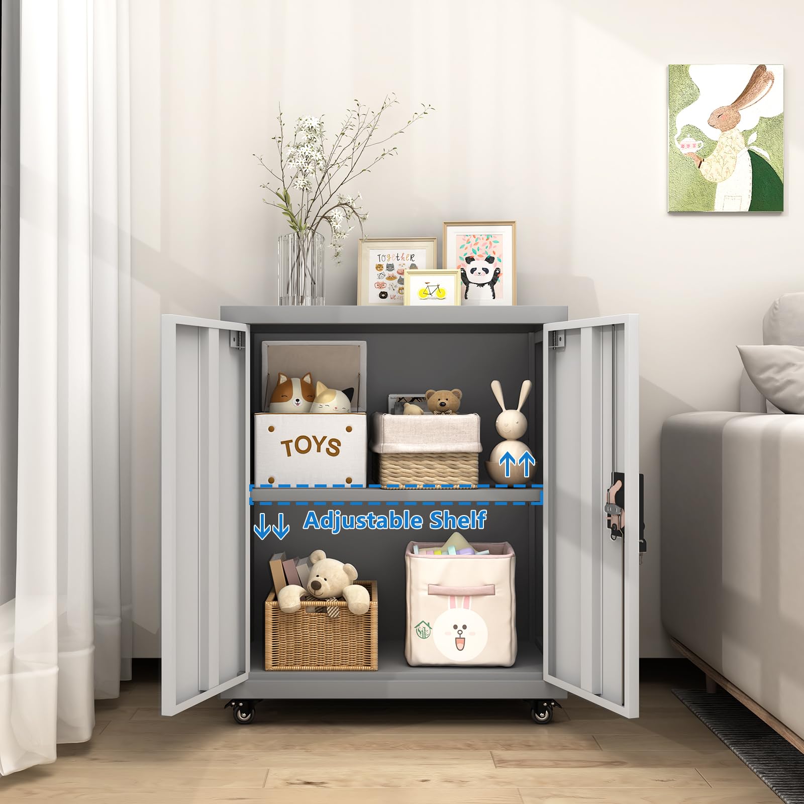 GREATMEET Rolling Garage Storage Cabinet with Wheels, Lockable Metal Utility Cabinet with Adjustable Shelves & Doors - Grey - Ideal for Garage, Home Office, Workshop & Utility Room Organization