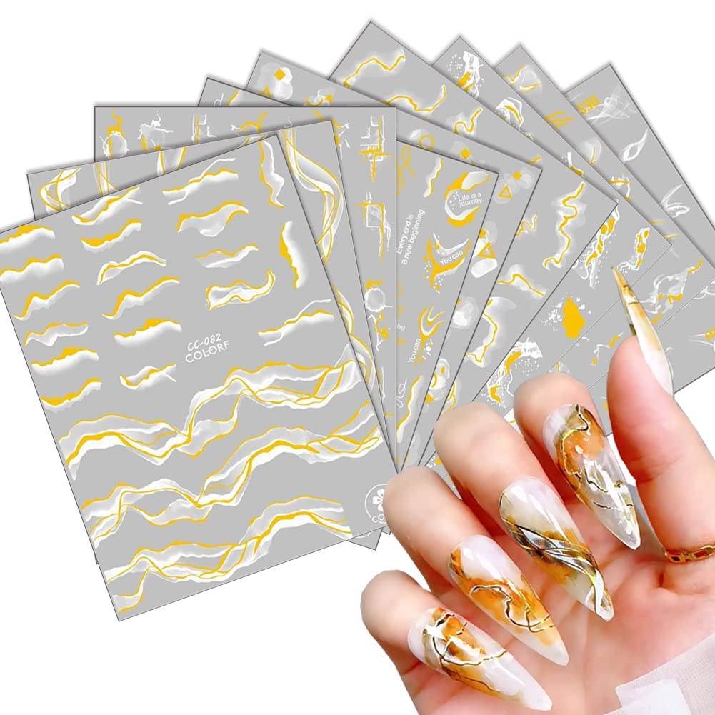 9 Sheets Bronzing French Nail Art Stickers - Gold 3D Self-Adhesive Nail Decals, Metallic Stripe Line Wavy Marble Design for Acrylic Nails, DIY Manicure Salon Decorations, Perfect for Parties Weddings Holidays