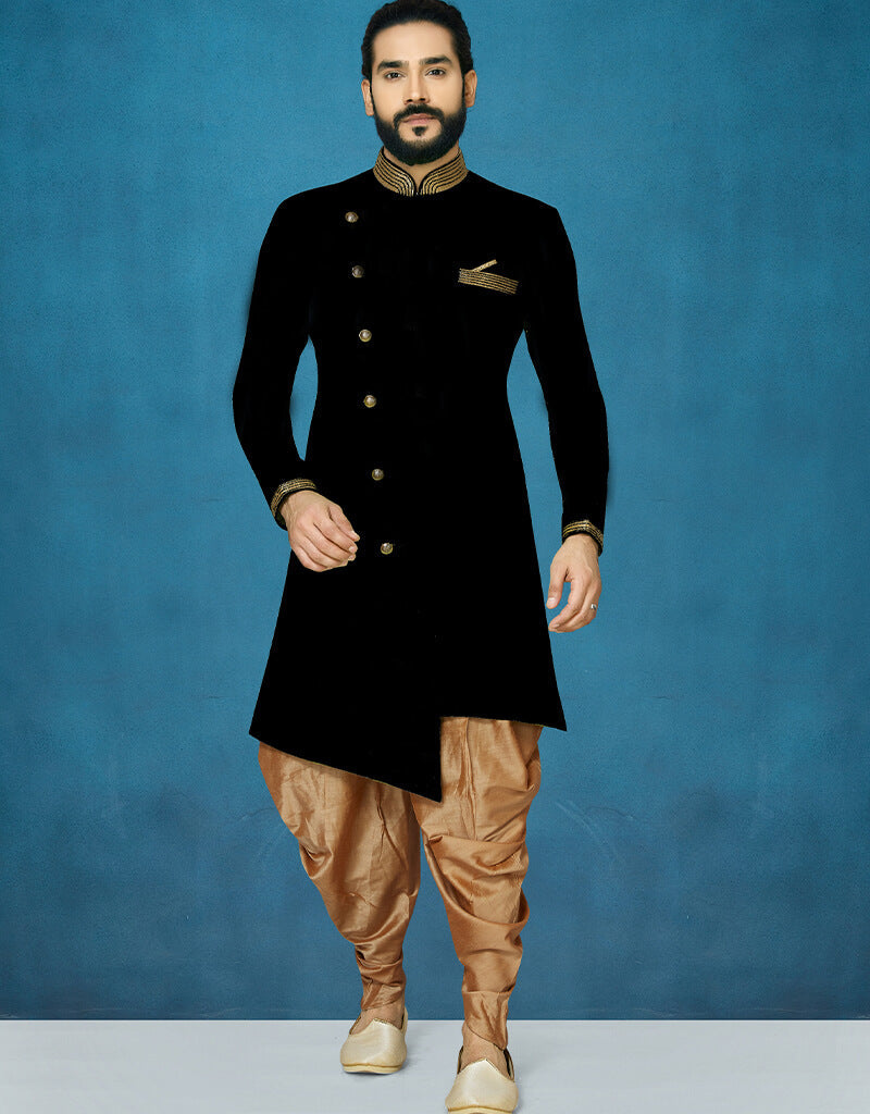 Black Kurta Dhupion Art Silk Dhoti Set for Men | Traditional Indian Ethnic Wear | Perfect for Weddings, Festivals & Cultural Events