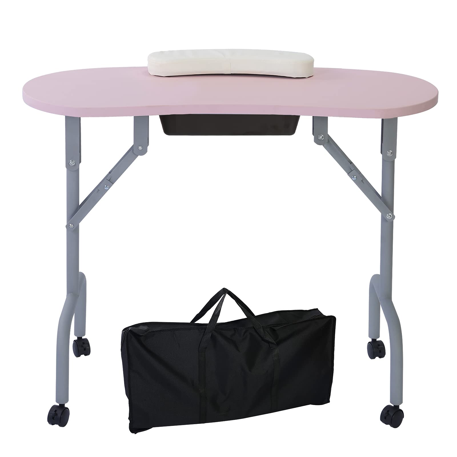 Portable Foldable Nail Salon Table with Large Drawer - 36 Inch Pink Manicure Station for Professionals | Includes Wrist Cushion, Carry Bag & 4 Lockable Wheels | Perfect for Home Salons, Mobile Nail Technicians & Spa Businesses