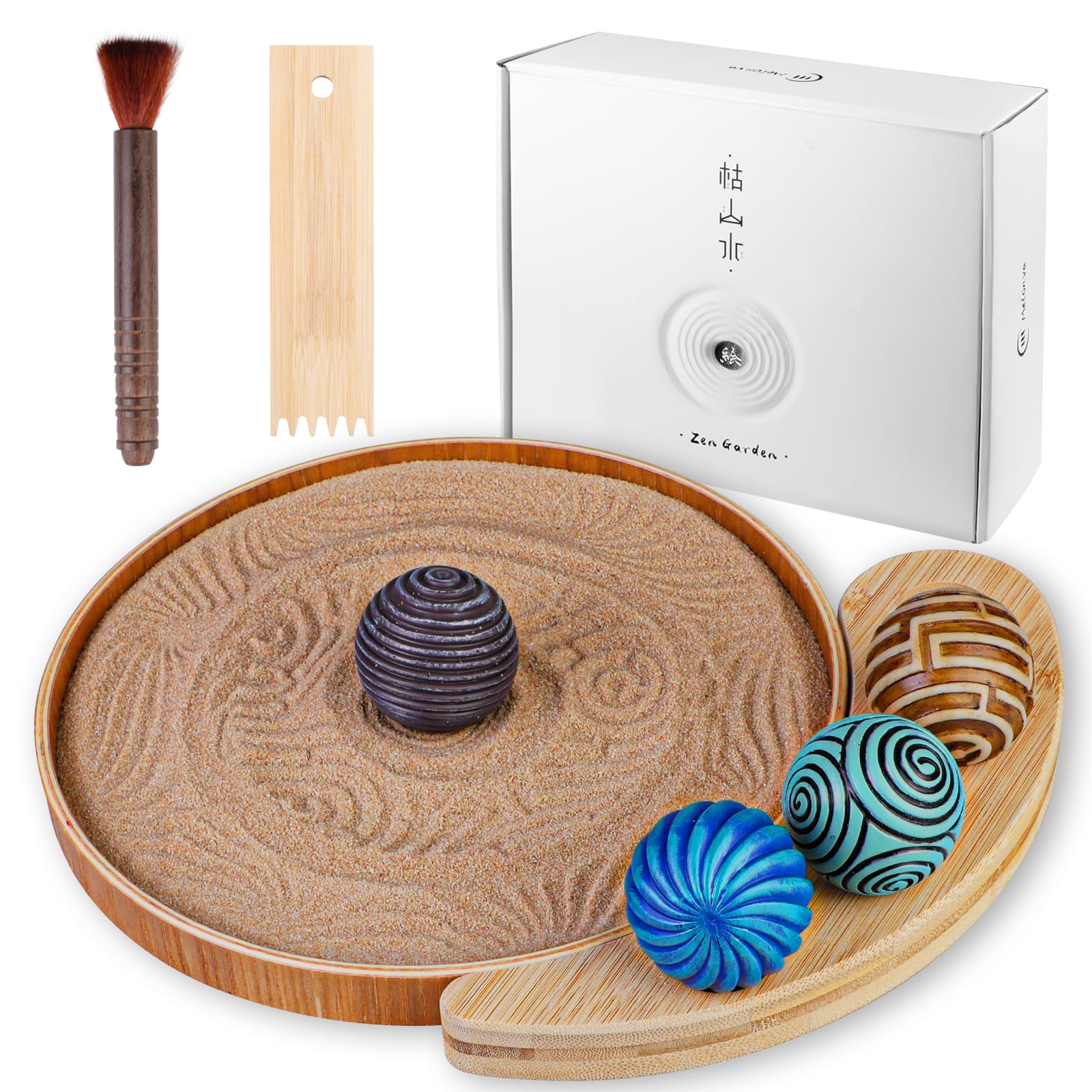 Melonva Mini Zen Garden for Desk - 9.5''x9.5'' Automatic Sand Tray with Bamboo Rake & 4 Stamp Spheres - Stress Relief Office Decor, Meditation Room Accessory - Perfect for Work Desks, Home Decor & Mindfulness Practice