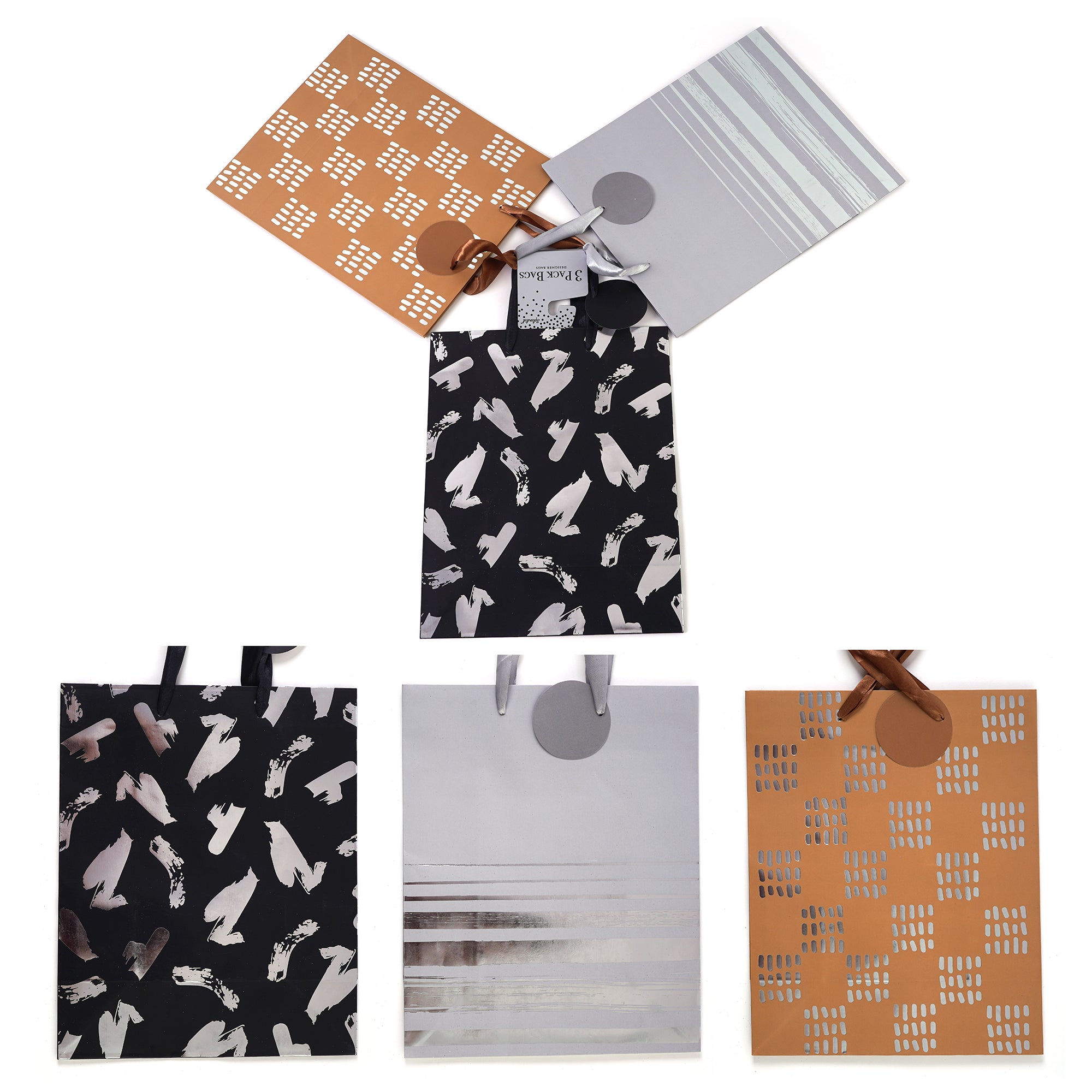 3-Pack Large Hot Stamp Geo Box Abstract Stripe Gift Bags - Perfect for Birthday, Wedding & Party Favors