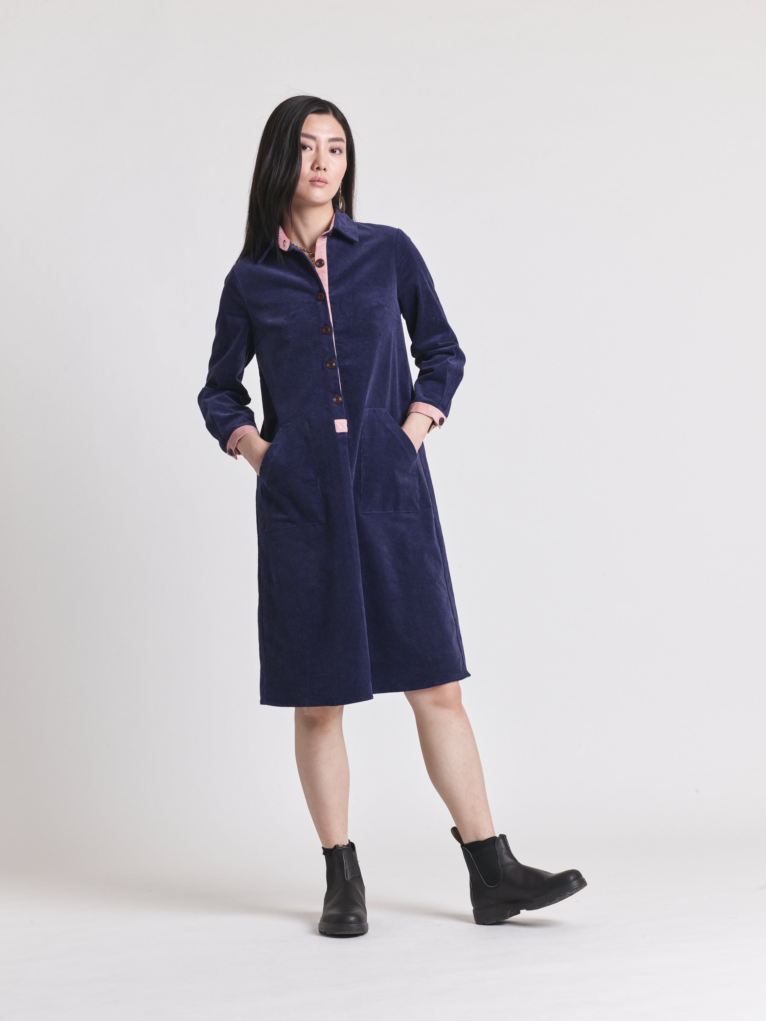 Lowie Women's Navy Blue Corduroy Shirt Dress - Casual Long Sleeve Button Down Tunic for Fall & Winter | Perfect for Office, Date Night and Weekend Outings