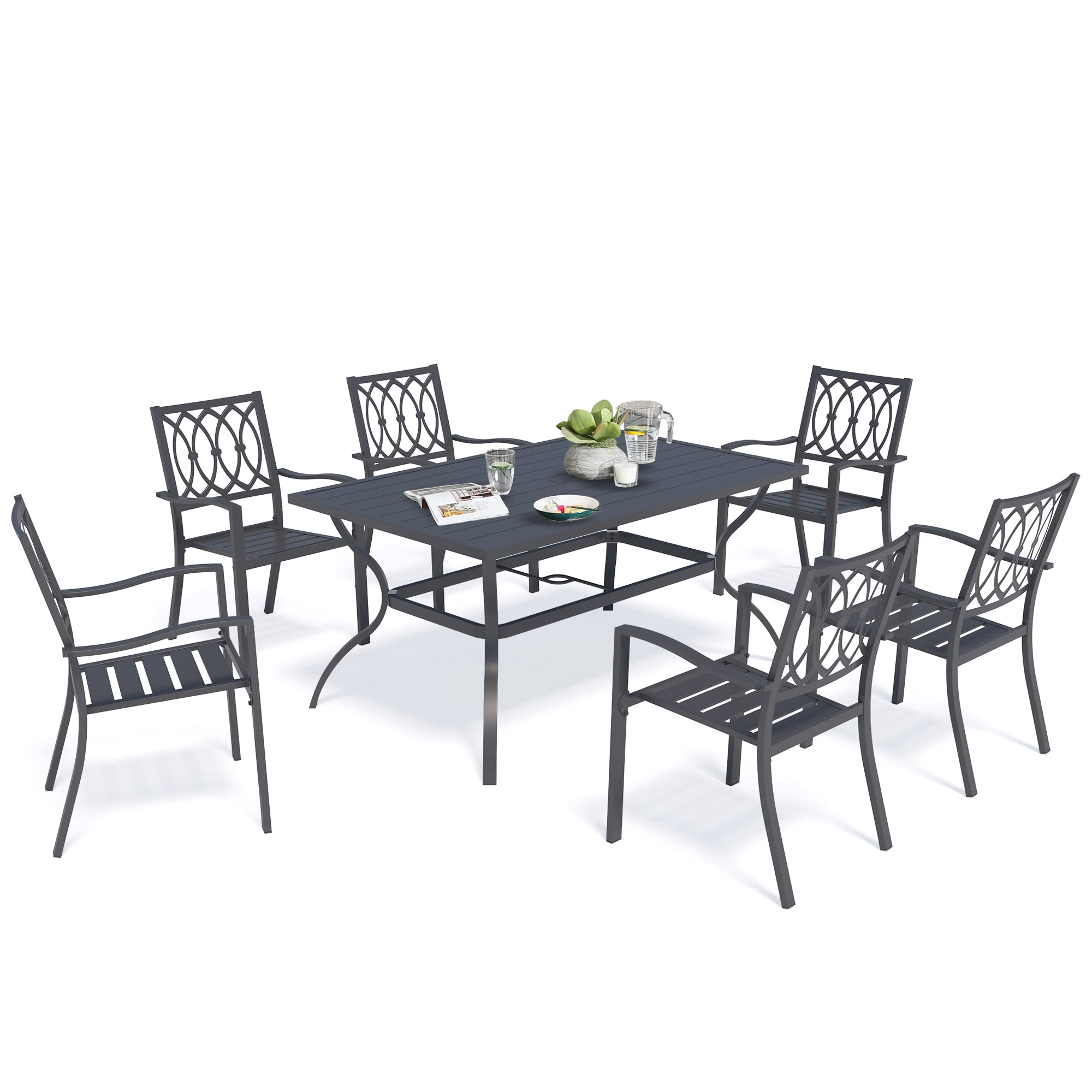 Ulax 7-Piece Outdoor Patio Dining Set - 60'' Rectangular Metal Table & 6 Stackable Bistro Chairs - Perfect for Backyard, Garden, and Poolside Entertaining