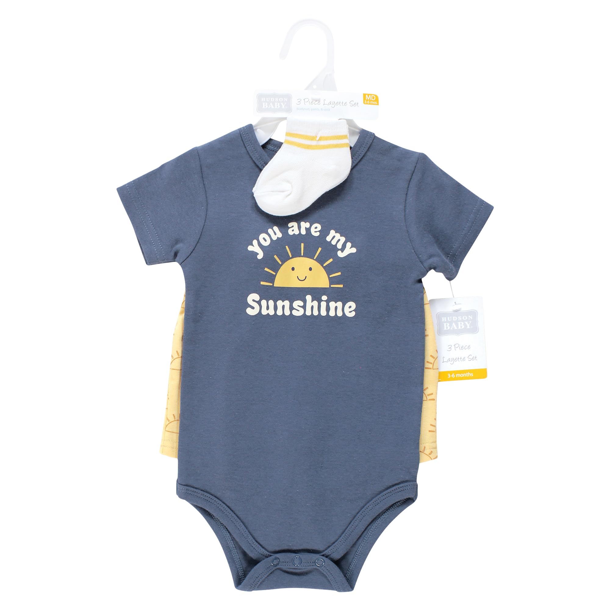 Hudson Baby Unisex Cotton Bodysuit, Shorts & Socks Set - Blue Sunshine - 0-3 Months | Soft Newborn Outfit for Daily Wear, Photo Shoots & Gifts