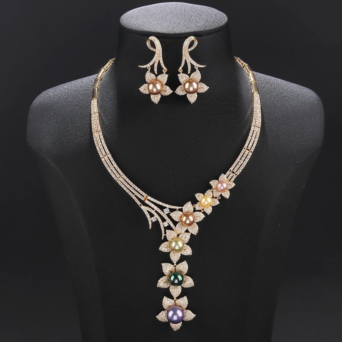 Luxury 2-Piece Cubic Zirconia Pearl Flower Necklace & Earrings Set for Women - Elegant Wedding, Party & Evening Jewelry - Perfect for Bridal, Prom & Special Occasions