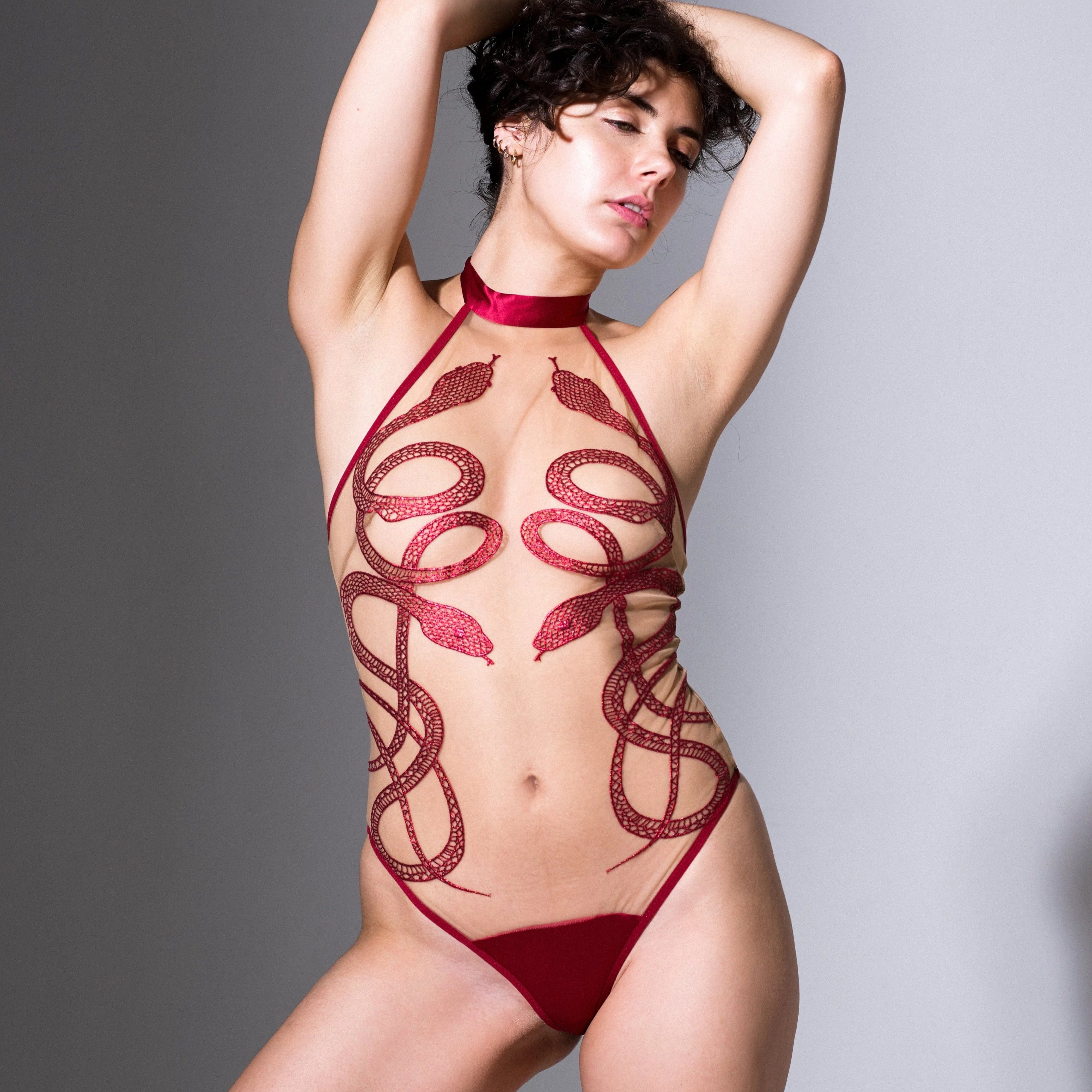 Medusa Bodysuit - Oxblood & Butterscotch Color | Gothic Lingerie for Women | Perfect for Halloween, Cosplay & Boudoir Photography