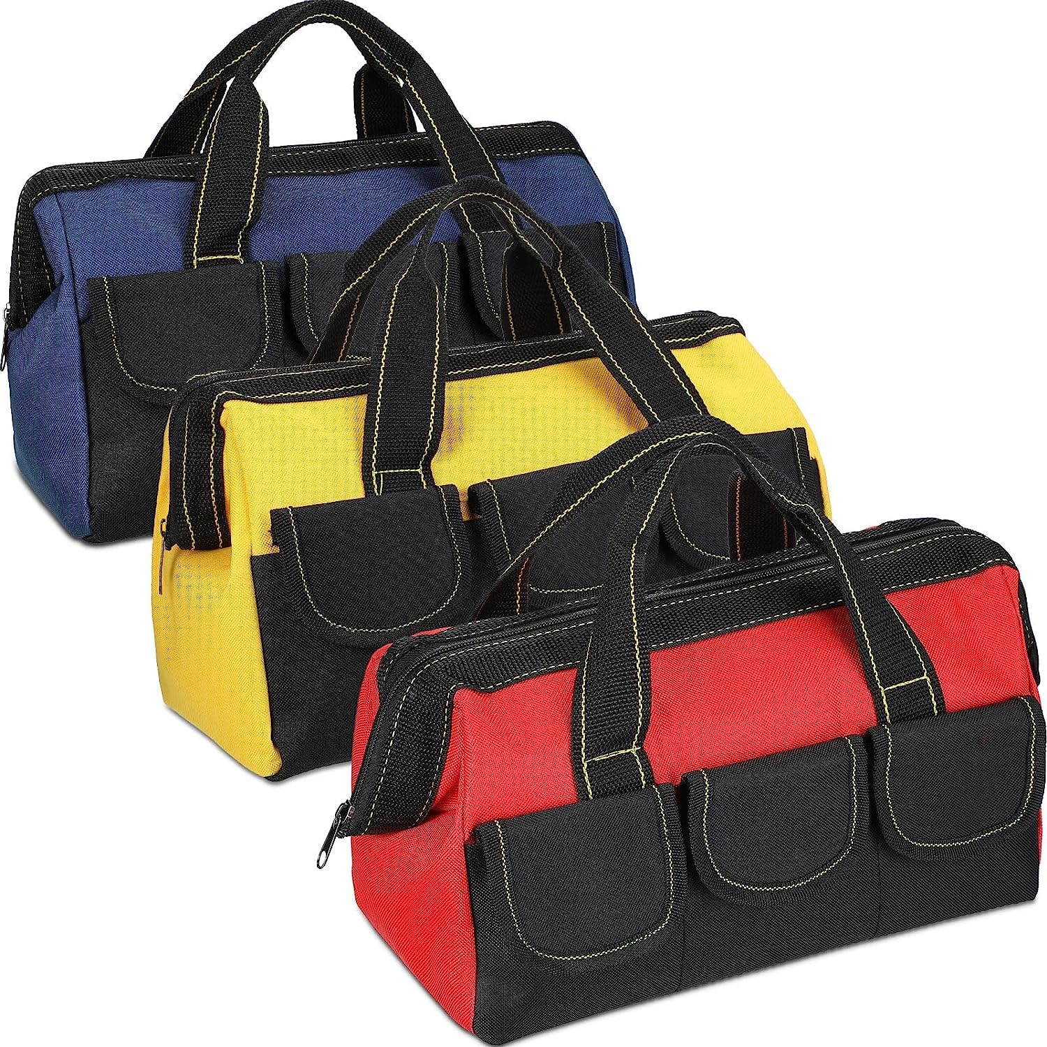 13 Inch Heavy Duty Waterproof Tool Bag with Hard Bottom - 3 Pack Wide Mouth Tool Tote for Electricians, Carpenters & Mechanics | Perfect for Construction, DIY Projects & Professional Worksites