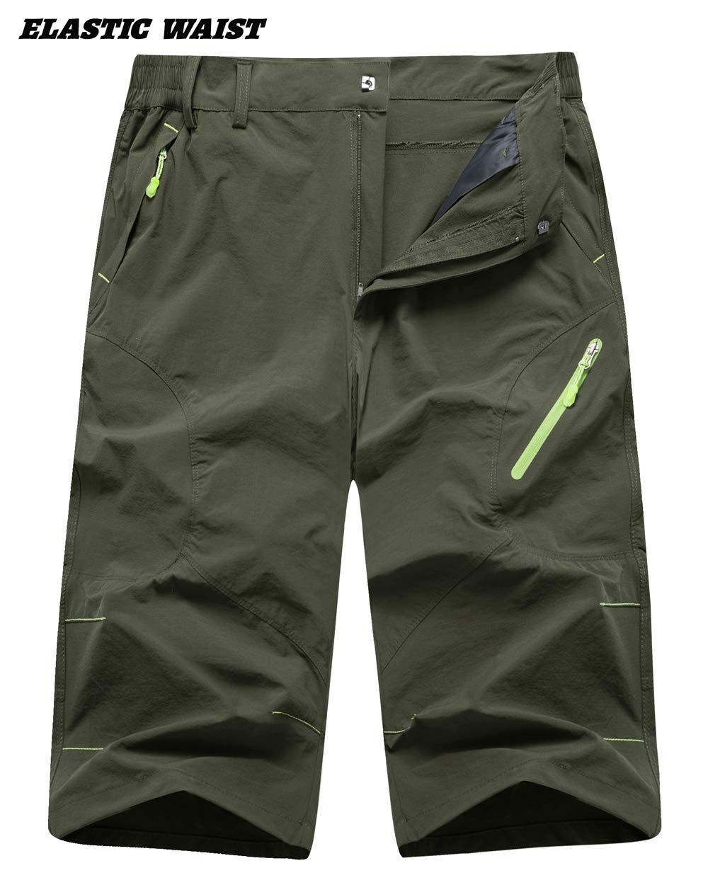 TACVASEN Men's Capri Shorts with Zipper Pockets - Green Below Knee Pants for Hiking, Running & Outdoor Activities