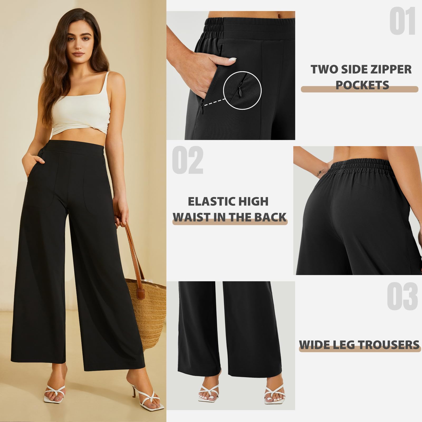 FireSwan Women's Wide Leg Palazzo Pants - High Elastic Waist Work Pants with Zipper Pockets - Comfortable Office & Business Casual Trousers for Professional Women