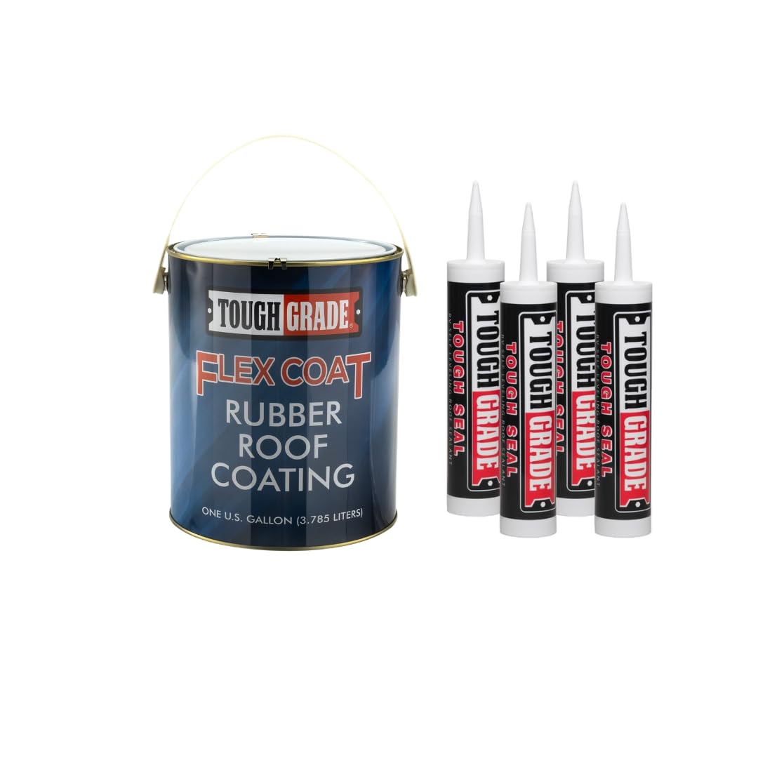 ToughGrade RV Roof Repair Kit – 1 Gallon Flex Coat & 4 Tubes Tough Seal Self-Leveling Sealant | Waterproof Coating for RV Rubber Roofs (EPDM, TPO, PVC) | Long-Lasting Protection Against Leaks & Cracks | Perfect for RV Camping, Travel Trailers & Motorhomes