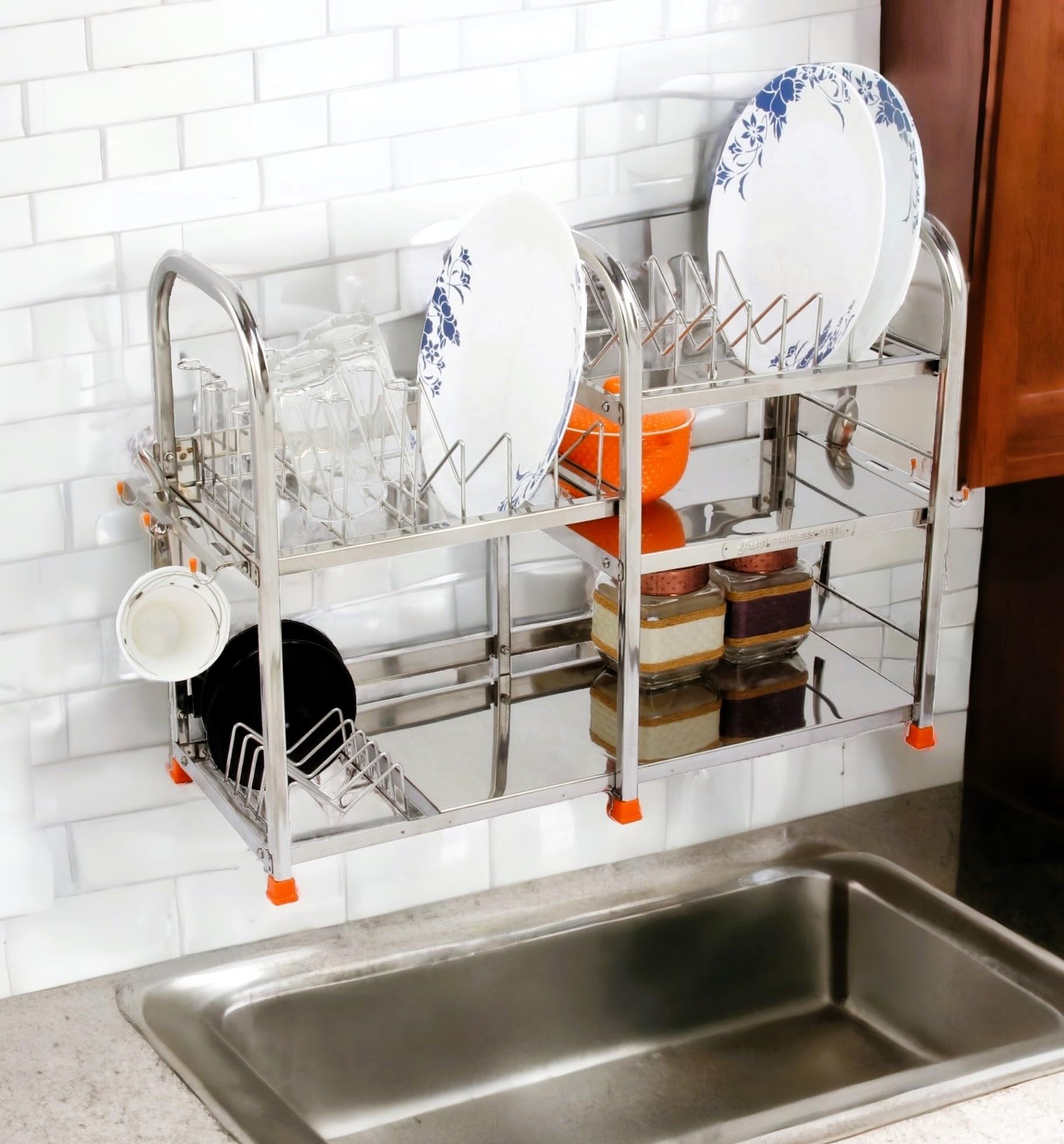 AMOL® Premium Stainless Steel Dish Rack - Wall Mount & Utensil Holder | 18x24 Inch Kitchen Organizer for Countertop or Cabinet | Space Saving Drying Rack for Plates, Cups & Cutlery | Ideal for Small Kitchens, Apartments & RVs
