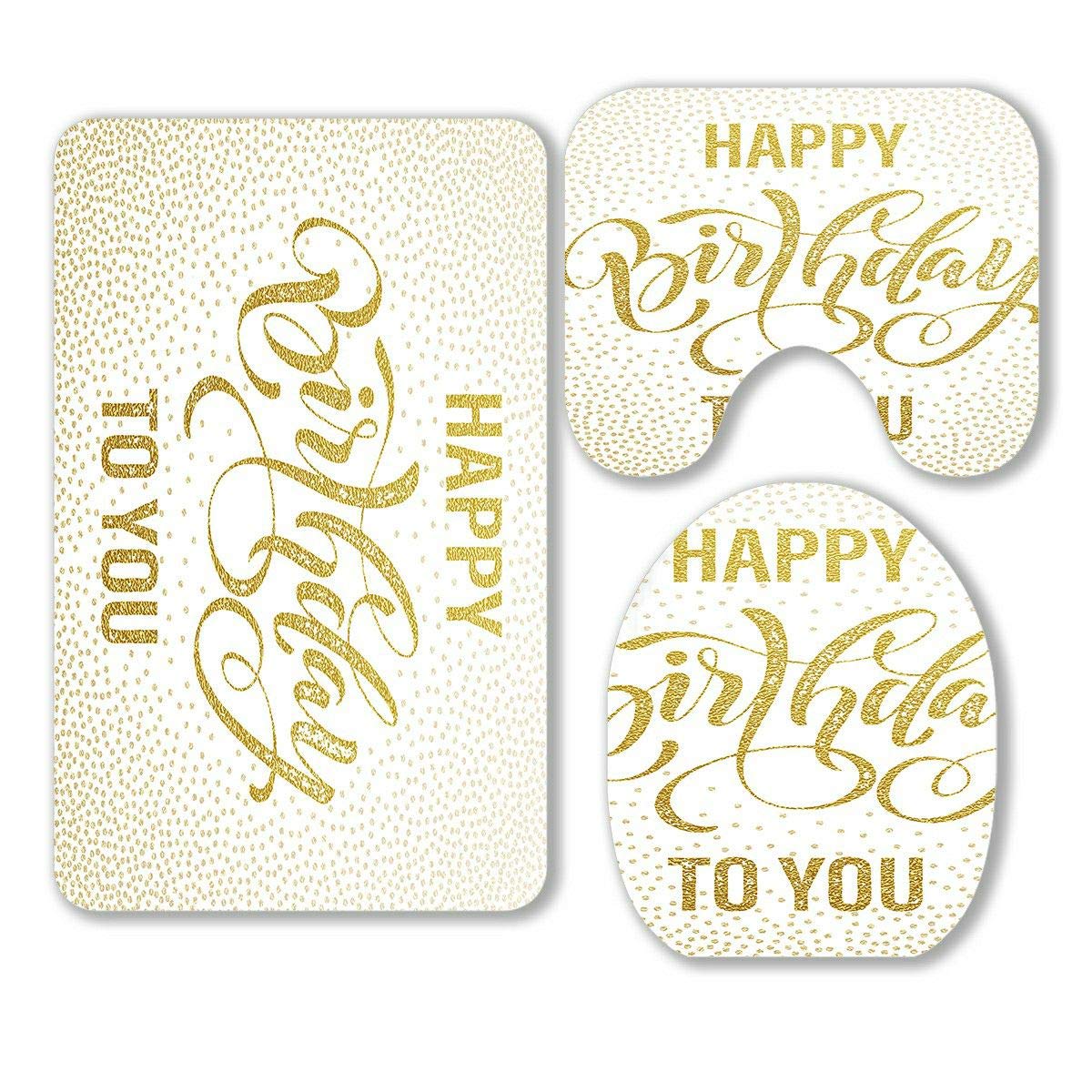 Happy Birthday Gold Glitter Lettering 3-Piece Bathroom Rug Set - Non-Slip Bath Mat, Contour Mat & Toilet Lid Cover - Perfect for Birthday Decorations & Bathroom Gifts