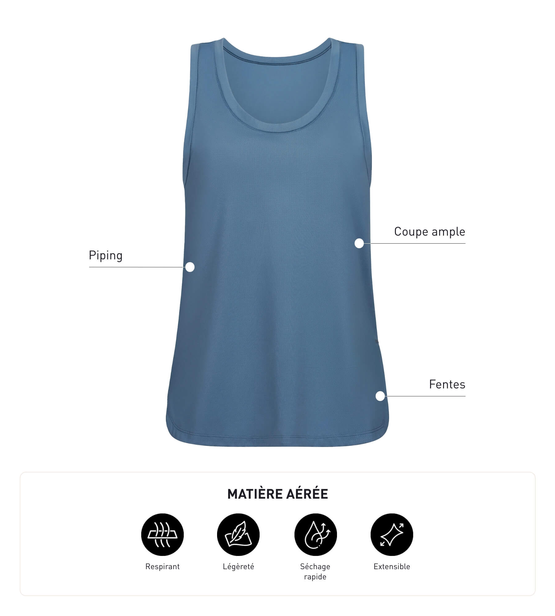 Women's Long Sports Tank Top - Stretch Viscose Denim Blue - Gym, Yoga & Casual Wear | DIM MOVE