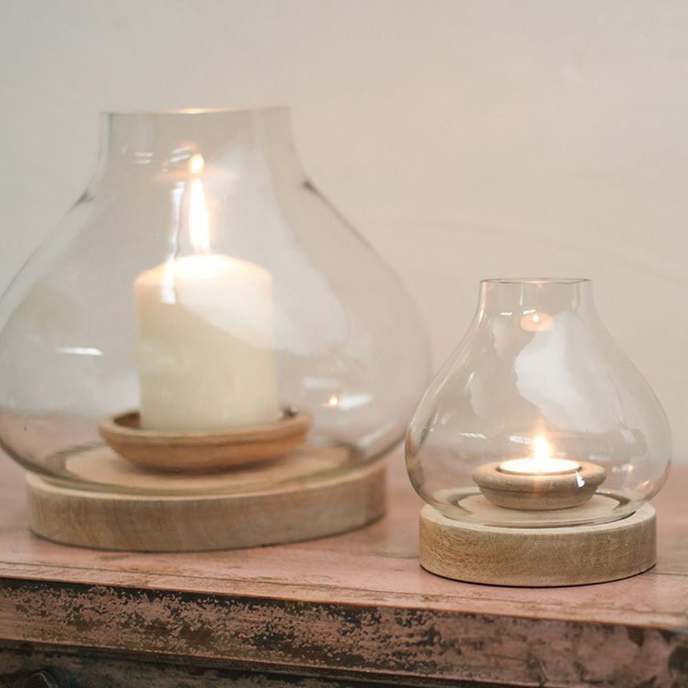 Handmade Glass Lantern with Mango Wood Base - Elegant Home Decor for Living Room, Bedroom, or Outdoor Patio Lighting