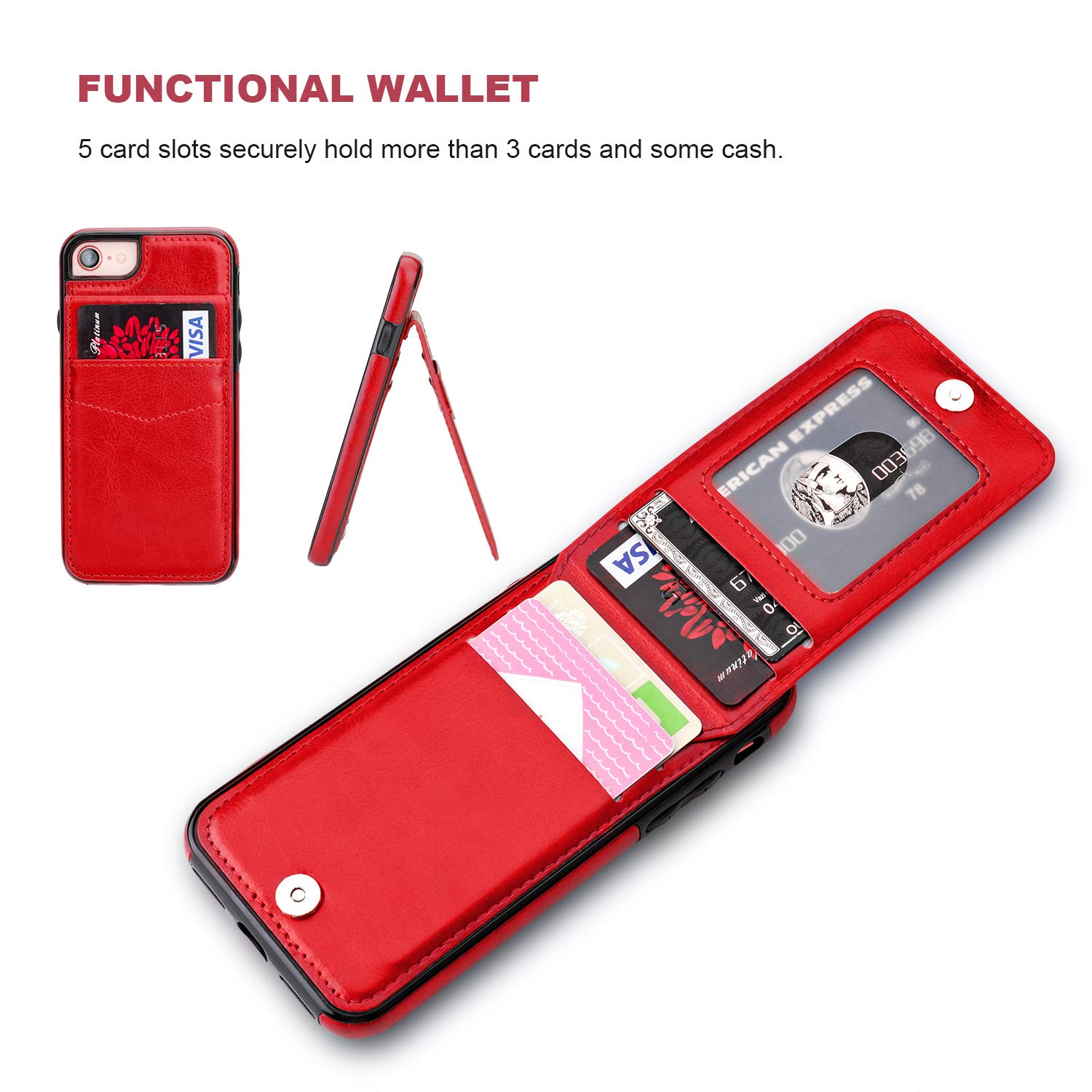Premium Leather iPhone SE / 7 / 8 Wallet Case with Magnetic Clasp & Kickstand - Heavy Duty Protective Cover with Credit Card Holder for 4.7 Inch Models (Red) - Perfect for Business Travel & Everyday Use