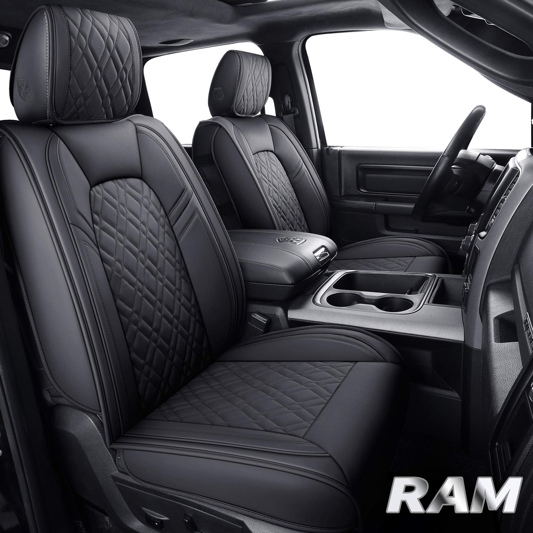 Premium Dodge Ram Seat Covers Full Set - Custom Fit for 2009-2025 Ram 1500/2500/3500 Pickup Trucks - Waterproof Leather Cushions for Crew/Double/Quad Cab (Black) - Perfect for Road Trips, Off-Road Adventures & Daily Commutes