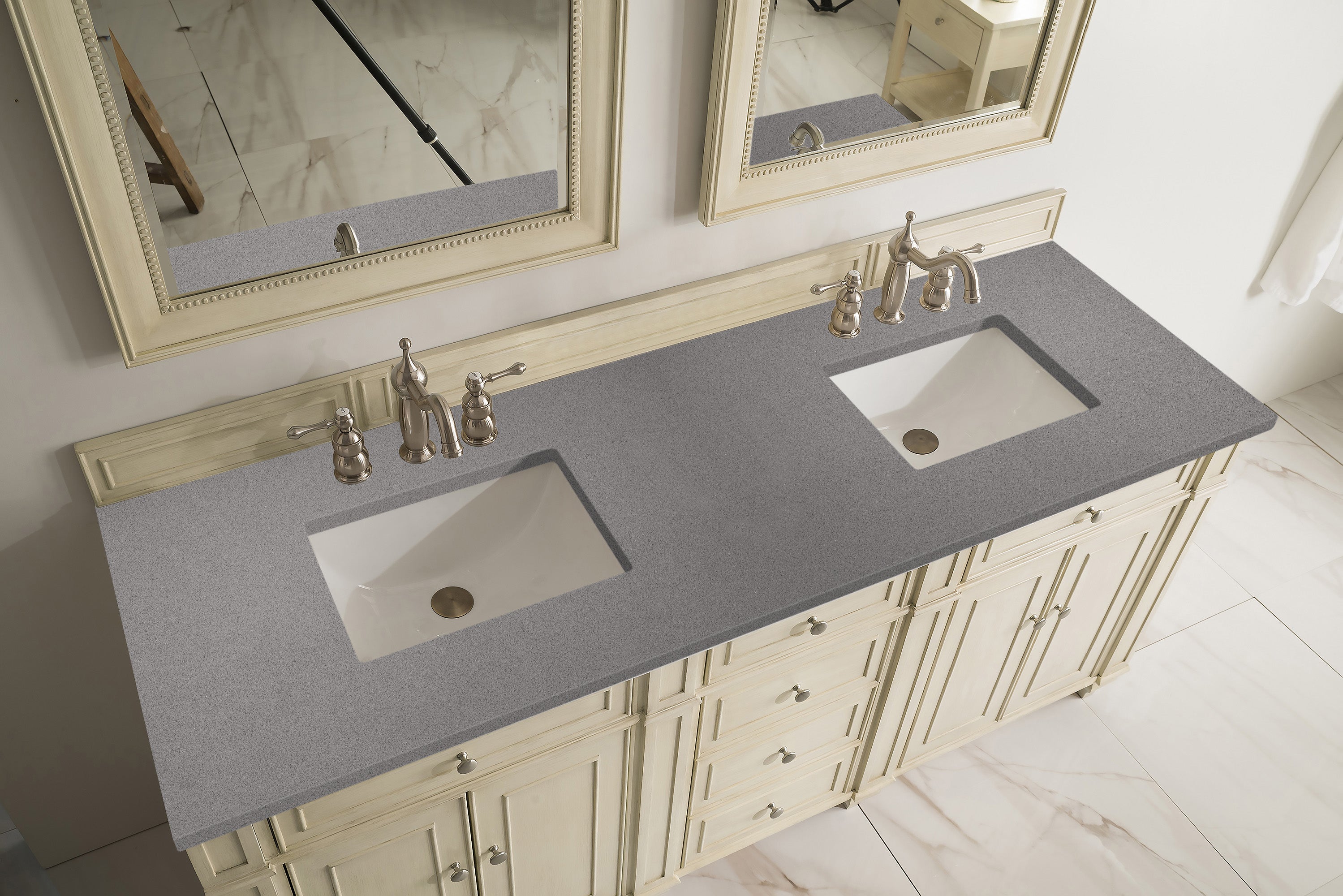 Bristol 72 Inch Double Bathroom Vanity with 3CM Grey Expo Quartz Top in Vintage Vanilla - Perfect for Master Bathroom Renovation & Modern Farmhouse Style Homes