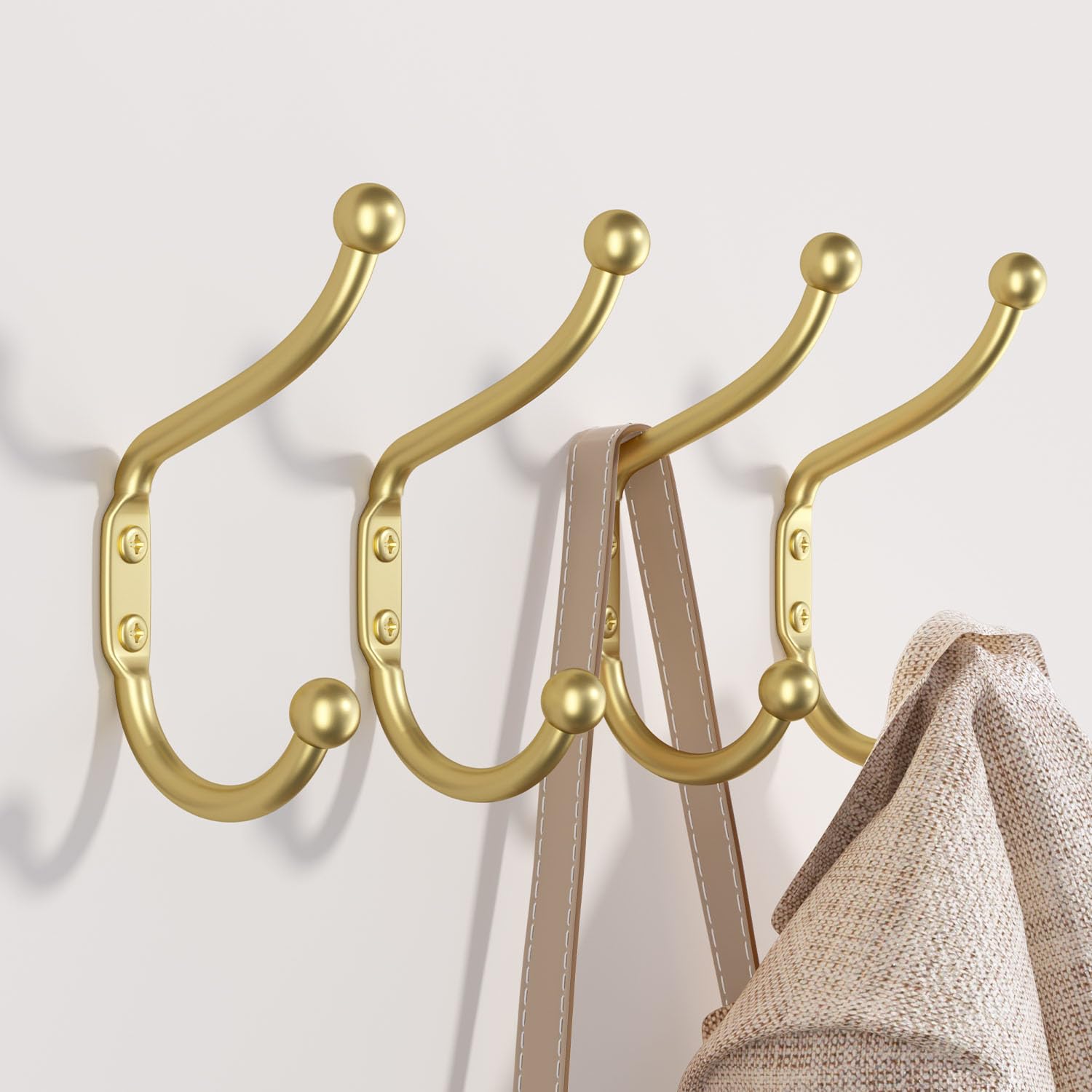 4 Pack Heavy Duty Gold Wall Mount Coat Hooks - Durable Metal Hooks for Hanging Clothes, Towels, Hats, Keys & Coats - Perfect for Mudroom, Entryway, Bathroom & Closet Organization