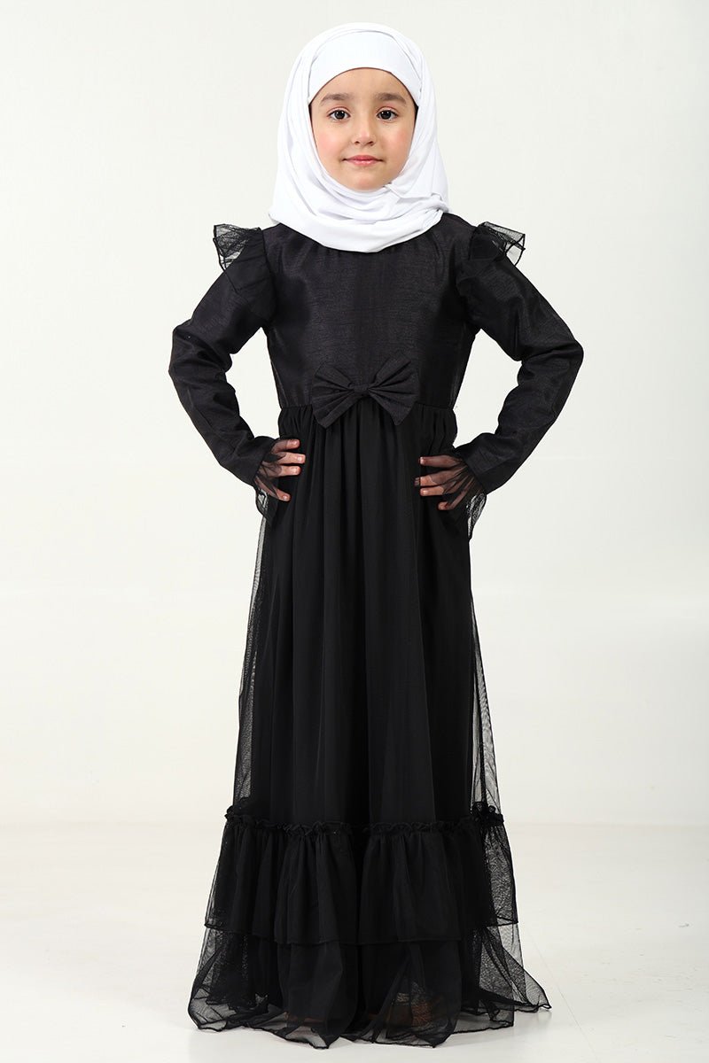 Elegant Dupion Silk Girls Abaya Dress with Frill Details & Bow Waist Accent - Perfect for Eid, Wedding & Special Occasions