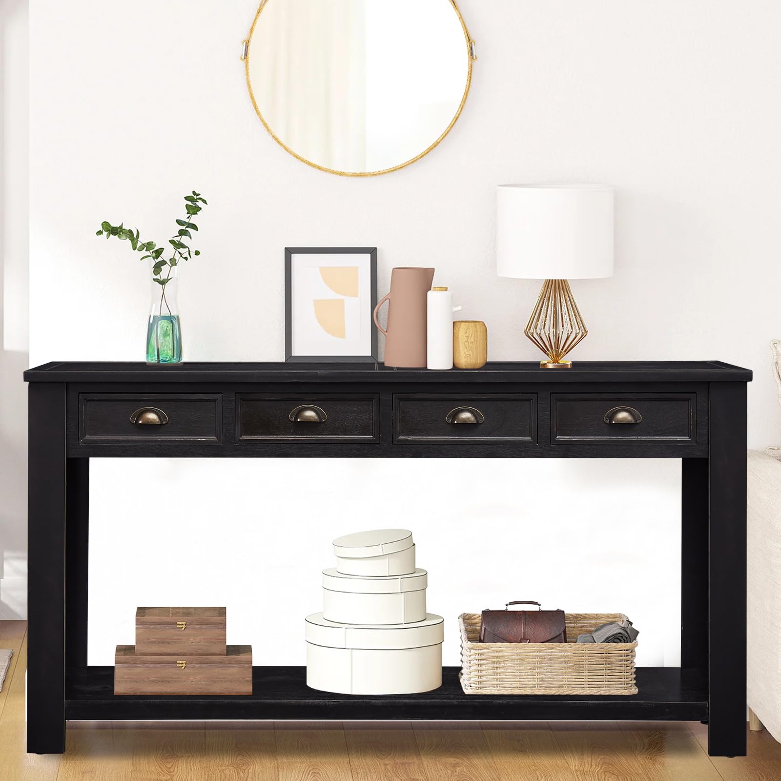 Kinbor Wooden Sofa Console Table with 4 Drawers & Storage Shelf - Entryway, Hallway & Living Room Furniture - Perfect for Small Space Organization & Home Decor