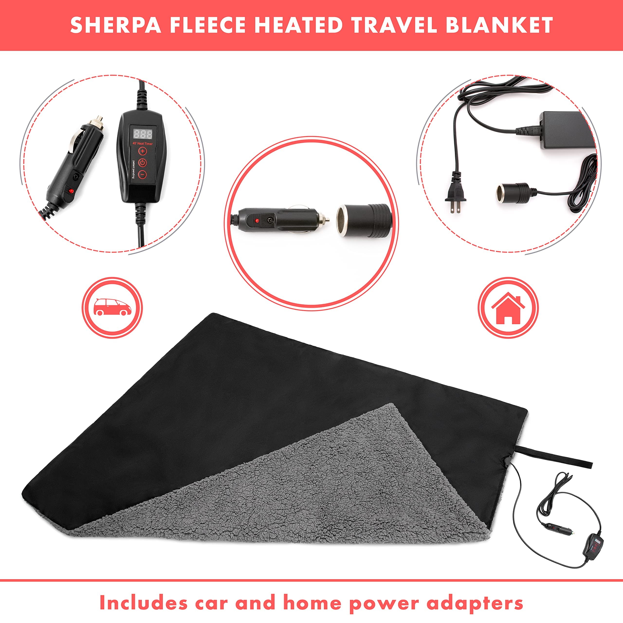 VaygWay Winter Ultimate - 12V Heated Sherpa Fleece Blanket & Steering Wheel Cover for Cars - Perfect for Cold Weather Driving, Road Trips, and Outdoor Adventures