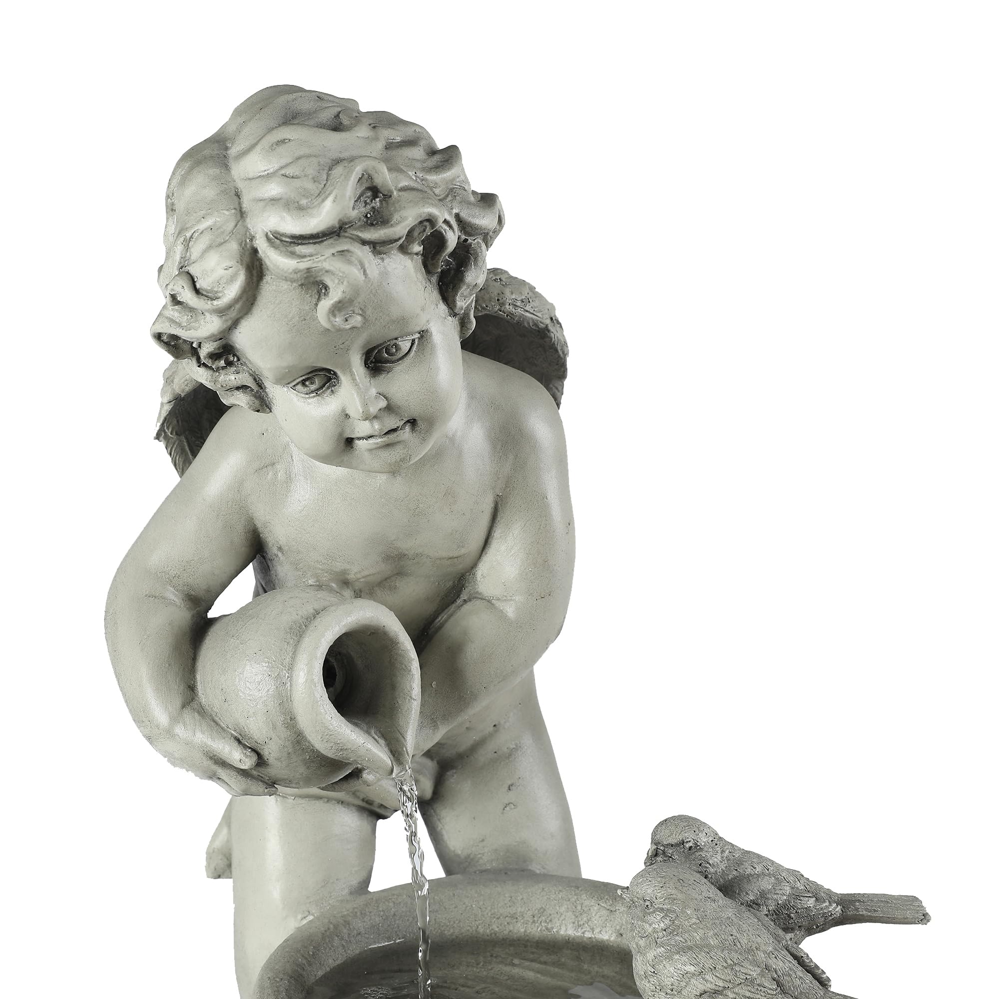 LuxenHome 34 Inch Resin Cherub Angel Water Fountain - Indoor/Outdoor Garden Decor with Birds & Waterfall Feature | Perfect for Backyard, Patio, and Landscape Decoration