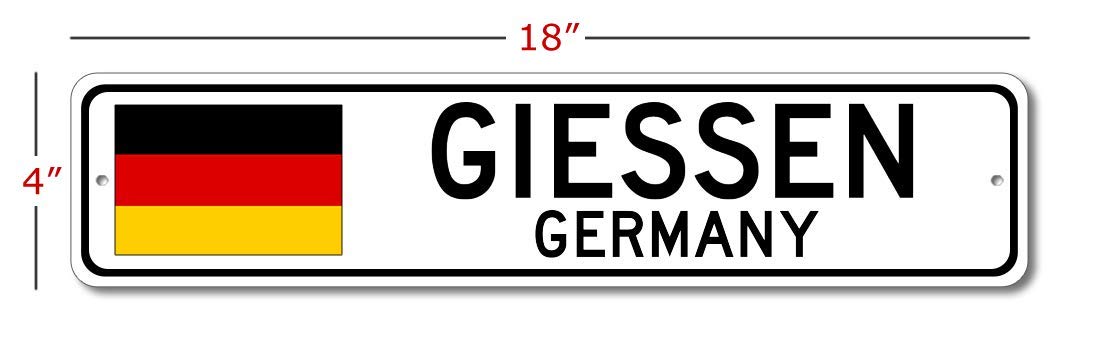 Authentic Giessen Germany German Flag Metal Street Sign - 4x18 Inch Rustic Bar Pub Wall Decor, Personalized Man Cave Gift, German City Souvenir - Perfect for Home, Office & Outdoor Decor