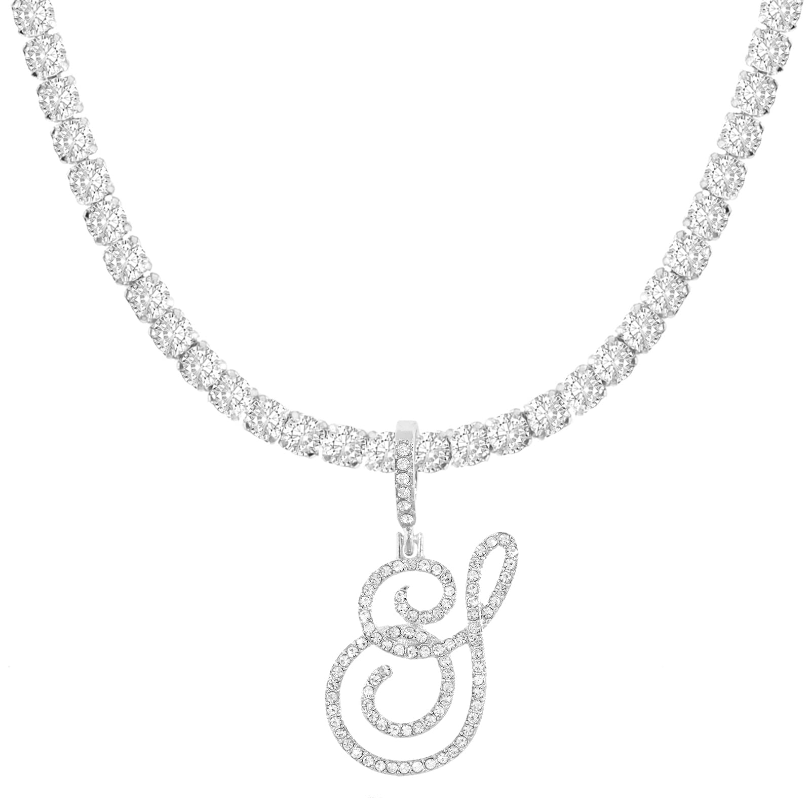 Elegant Silver Cursive Initial Pendant Necklace for Women - Personalized Alphabet Letter Charm on Miami Cuban Link Chain - Iced Out Hip Hop Jewelry Gift for Her - Perfect for Birthday, Anniversary & Special Occasions