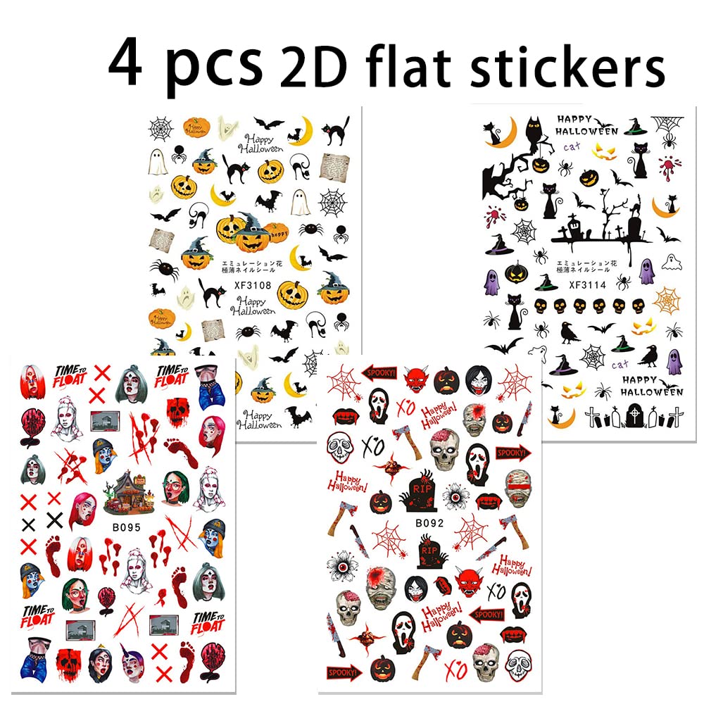 5D Halloween Nail Art Stickers Kit - 2 Sheets 3D & 4 Sheets 2D Nail Decals with Flame, Moon, Eyes, Snake Designs for Halloween Party Nails - Perfect for Costume Parties, Trick or Treating & Spooky Nail Art