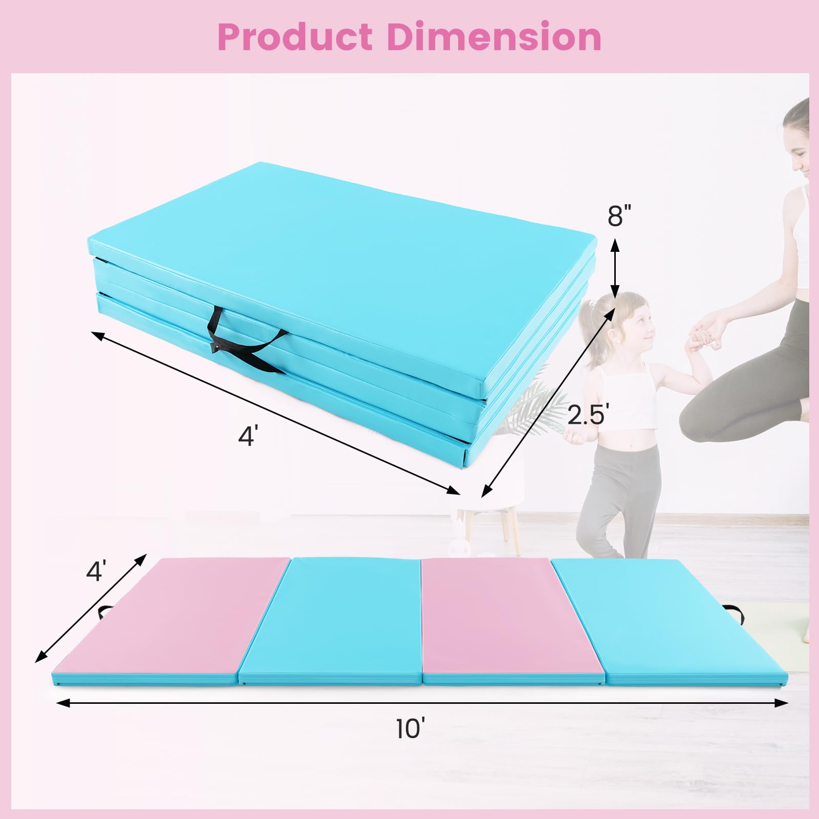 Goplus 10'x4'x2'' Folding Gymnastics Mat - PU Leather Tumbling Mat with Hook & Loop Fasteners & Portable Handles - 4-Panel Exercise Mat for Home Gym, Yoga, Gymnastics, Cheerleading & Martial Arts Training - Perfect for Workouts, Stretching & Kids Play Area