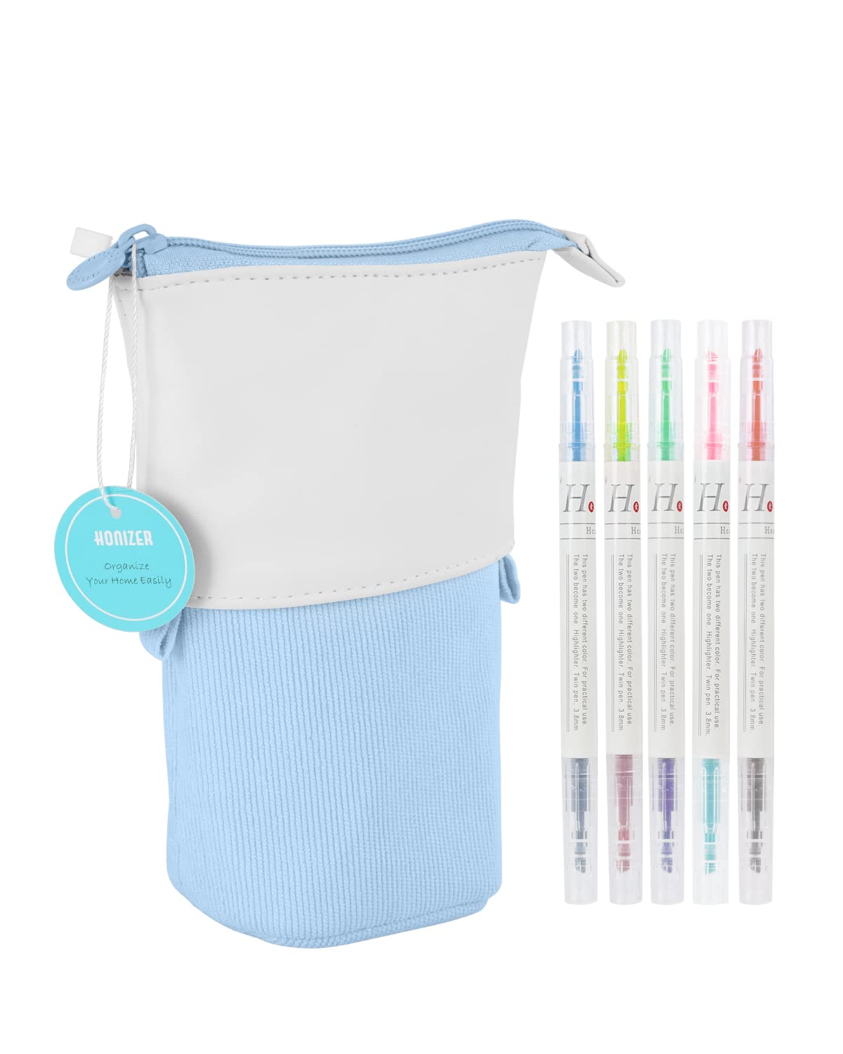 Honizer Telescopic Standing Pencil Case - PU Corduroy Zipper Pen Holder for Desk, School & Office Supplies - Perfect for College Students, Teens & Adults (Blue) | Organize Pens, Pencils & Markers on Your Desk or in Your Backpack