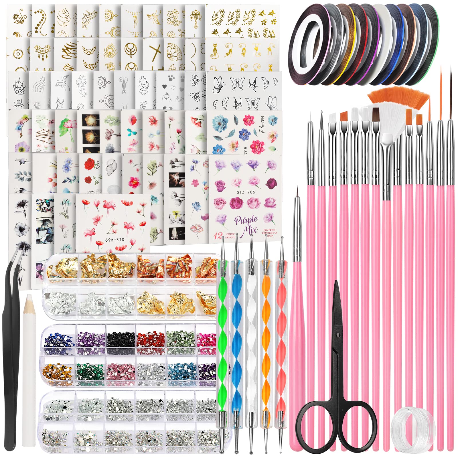 FANDAMEI 54-Piece Professional Nail Art Kit with Water Transfer Stickers, Dotting Tools, Nail Brushes, Striping Tape, Foils & Rhinestones - Complete DIY Manicure Set for Salon, Home, Party & Wedding Nail Designs | Perfect for Beginners, Nail Artists & Professionals | Great for Home Manicures, Salon Services, Bridal Nails & Creative Nail Art