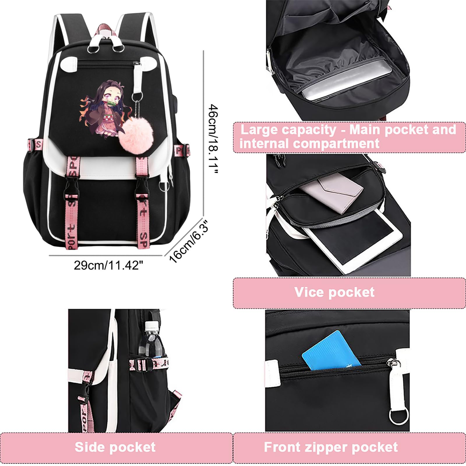 Anime Laptop Backpack for Women & Girls - Stylish 15.6 Inch College Bookbag with USB Charging Port, Durable Carry-On Daypack for School, Work & Travel