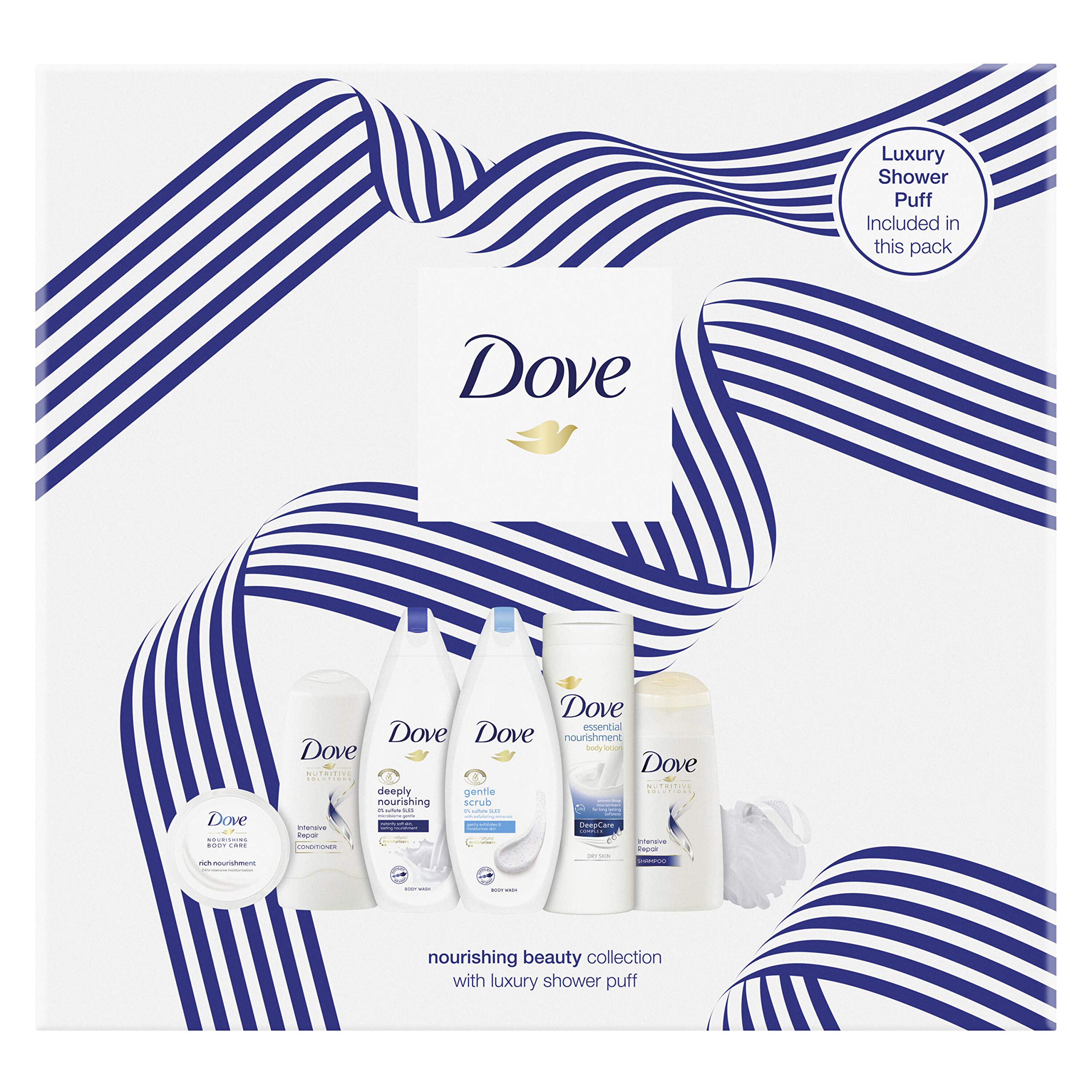 Dove Nourishing Beauty Collection Gift Set for Women - Body Lotion, Body Wash, Scrub, Shampoo, Conditioner & Cream with Loofah Puff | Perfect for Self-Care, Spa Days & Thoughtful Gifts