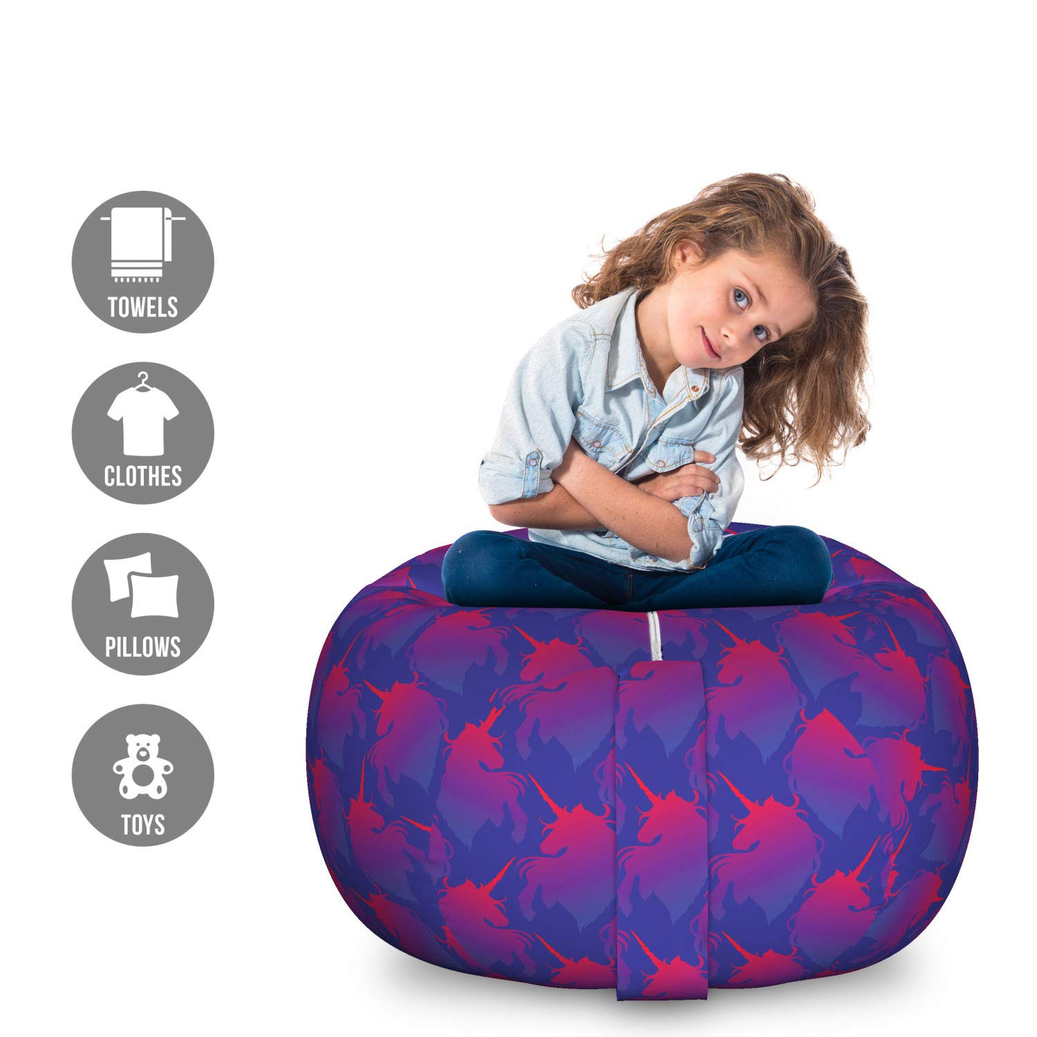 Lunarable Unicorn Silhouette Ombre Pattern Storage Toy Bag Chair - Large Washable Stuffed Animal Organizer in Indigo Magenta - Perfect for Kids' Room Organization & Playroom Storage