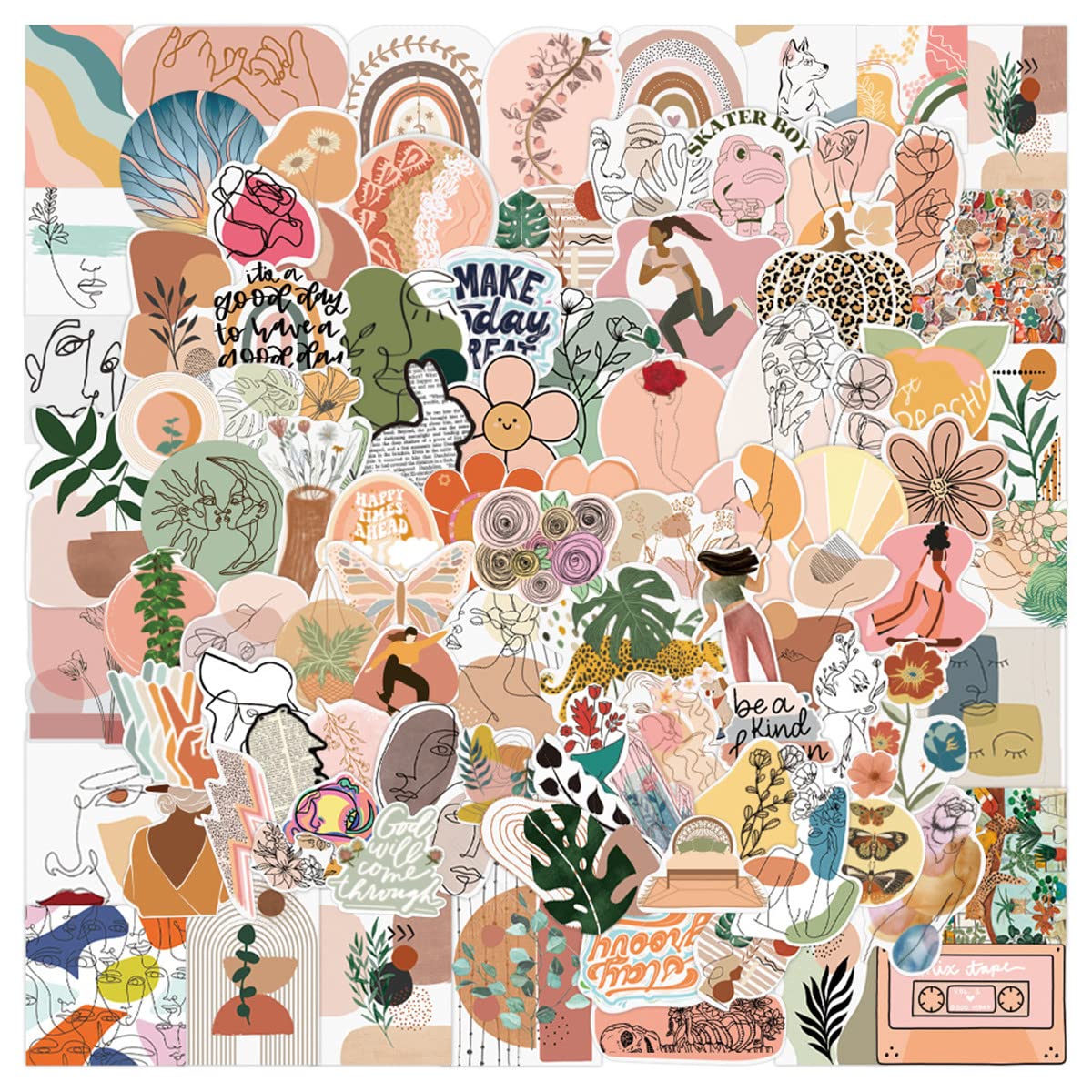 URMOER 100 PCS Bohemian Aesthetic Stickers - Funny Cartoon Decals for Water Bottles, Laptops, Phones & Skateboards - Trendy Sticker Pack for Teens, Girls, Kids & Women - Perfect for DIY Crafts, Scrapbooking & Personalizing Accessories
